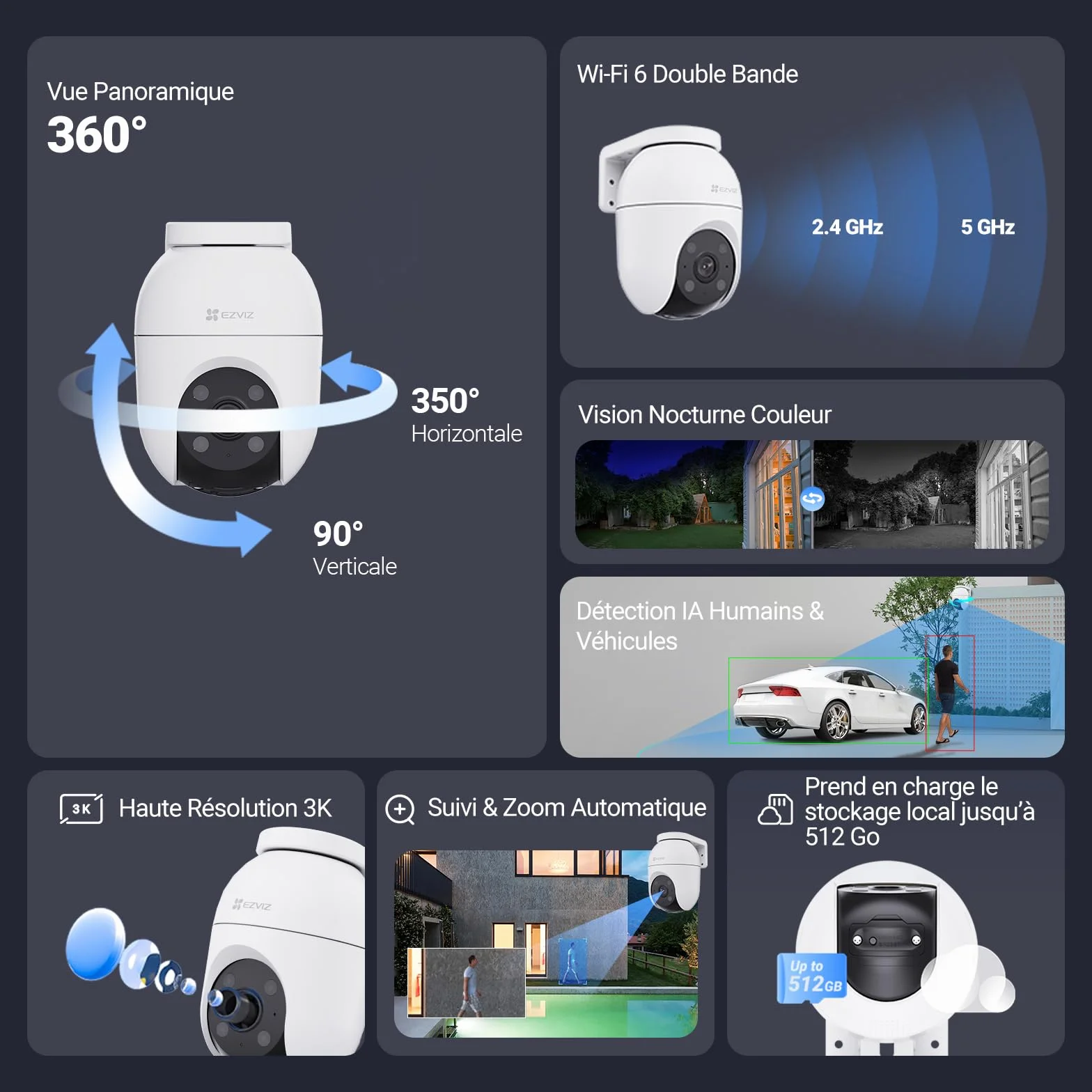 EZVIZ C8c 5MP 2PK Caméra Surveillance WiFi Extérieure 3K 360° Suivi Auto-Zoom Détection IA Humaine Véhicule Vision Nocturne Couleur Double Bande 2.4/5GHz WiFi 6