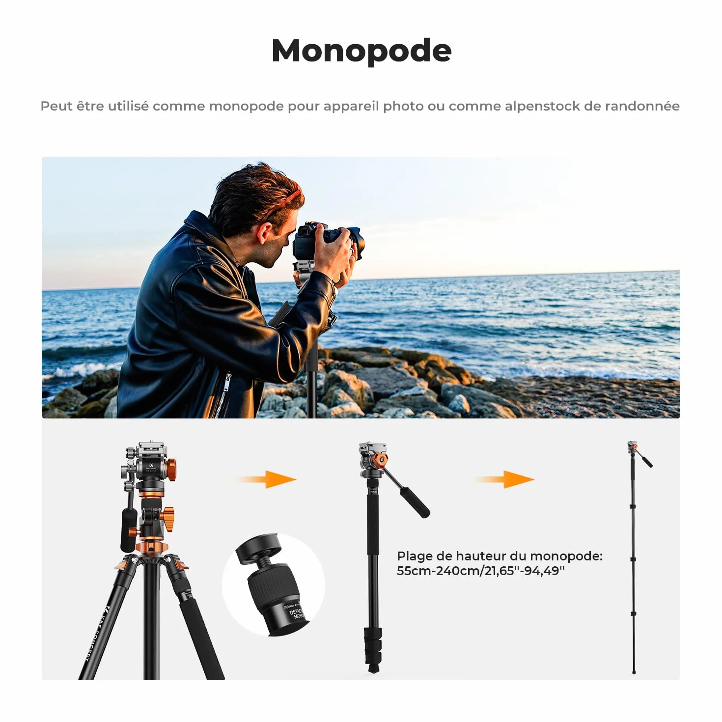 K&F CONCEPT Trépied Vidéo, 231cm Trépied Appareil Photo avec Tête Fluide Inclinaison à 90°/-90°, Horizontal à Colonne Centrale de Rotation à 360°, pour Caméra Vidéo,DSLR, Caméscope -T254A7