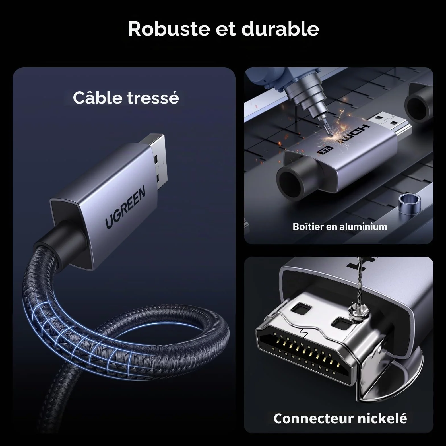 UGREEN 16K Câble HDMI 2.2 16K 60Hz 12K 8K 240Hz 96Gbps Ultra Haute Vitesse Cordon HDMI Aluminium LIP DynamicHDR Dolby Atmos HDCP Nylon Tressé Compatible avec PS5 4 Xbox MacBook Pro Blu Ray HDTV 2M