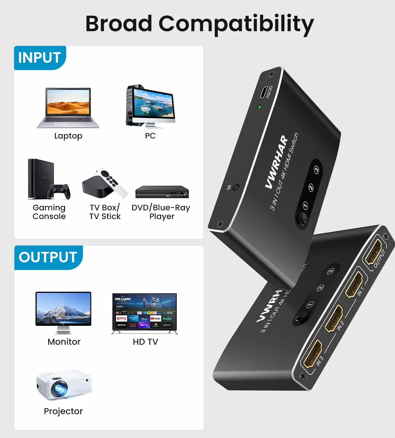 Multiprise HDMI Aluminium 3 Entrées 1 Sortie Splitter 4K 3D 1080P HDR Compatible PS5 PS4 Xbox