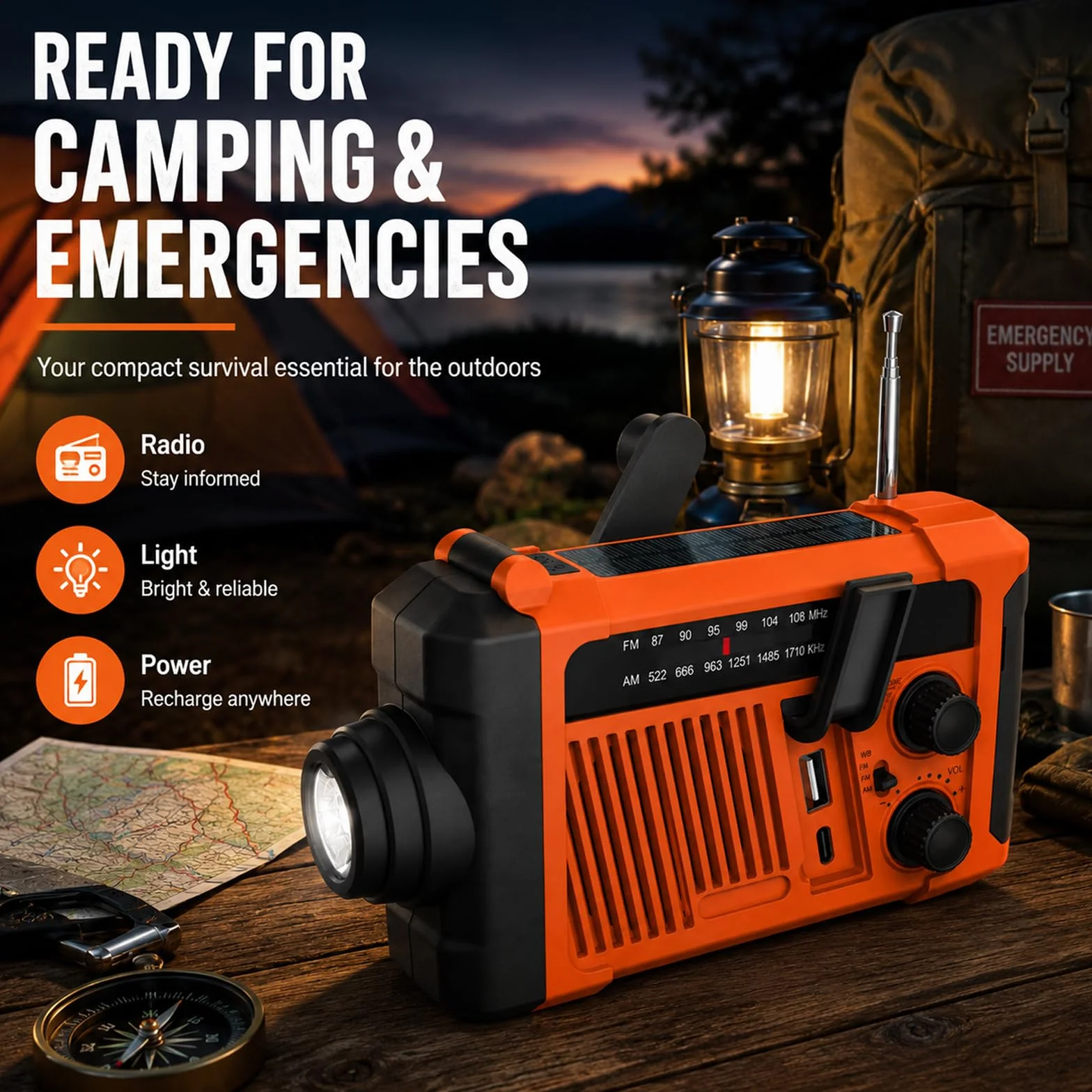 Radio d'urgence solaire à manivelle 2000 mAh AM/FM SOS Lampe LED Charge USB Camping