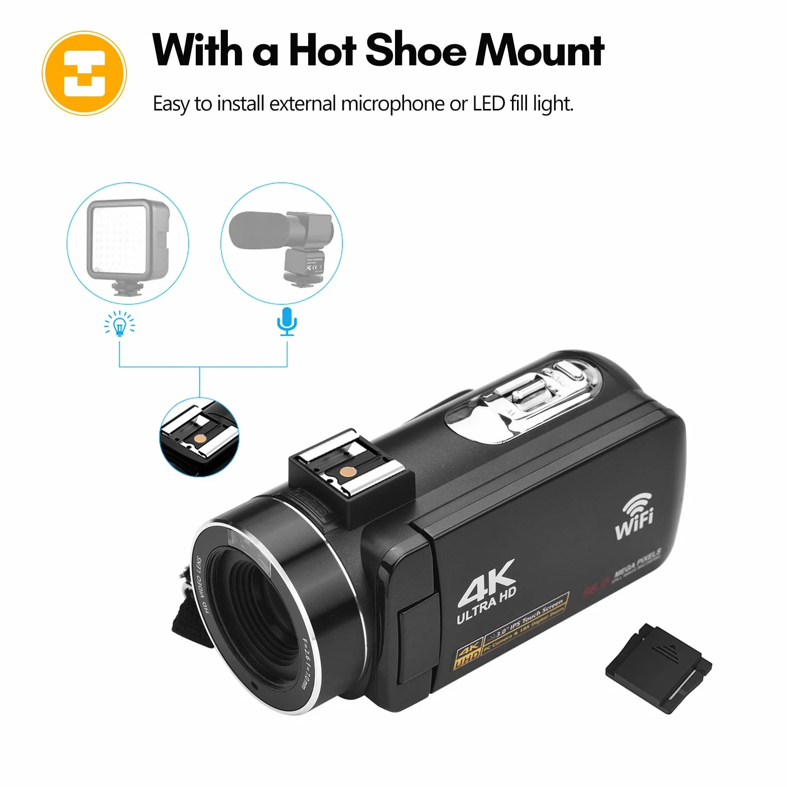 Caméra vidéo numérique 4K Caméscope WiFi Enregistreur DV 56MP Zoom numérique 18X Écran Tactile IPS 3,0 Pouces avec 2 Piles + télécommande + Sac de Transport