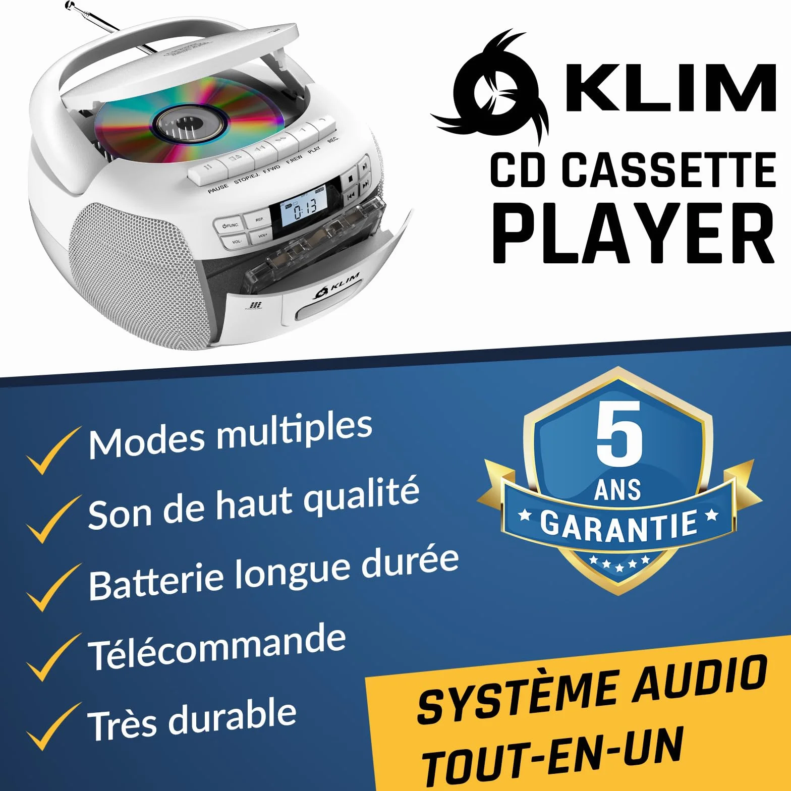 KLIM Lecteur CD Cassette Radio AM/FM Bluetooth Stéréo USB AUX Blanc