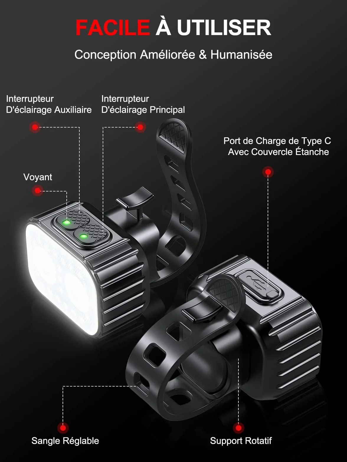CIRYCASE Lampe Vélo LED Avant et Arrière 8+12 Modes IPX6 USB Rechargeable
