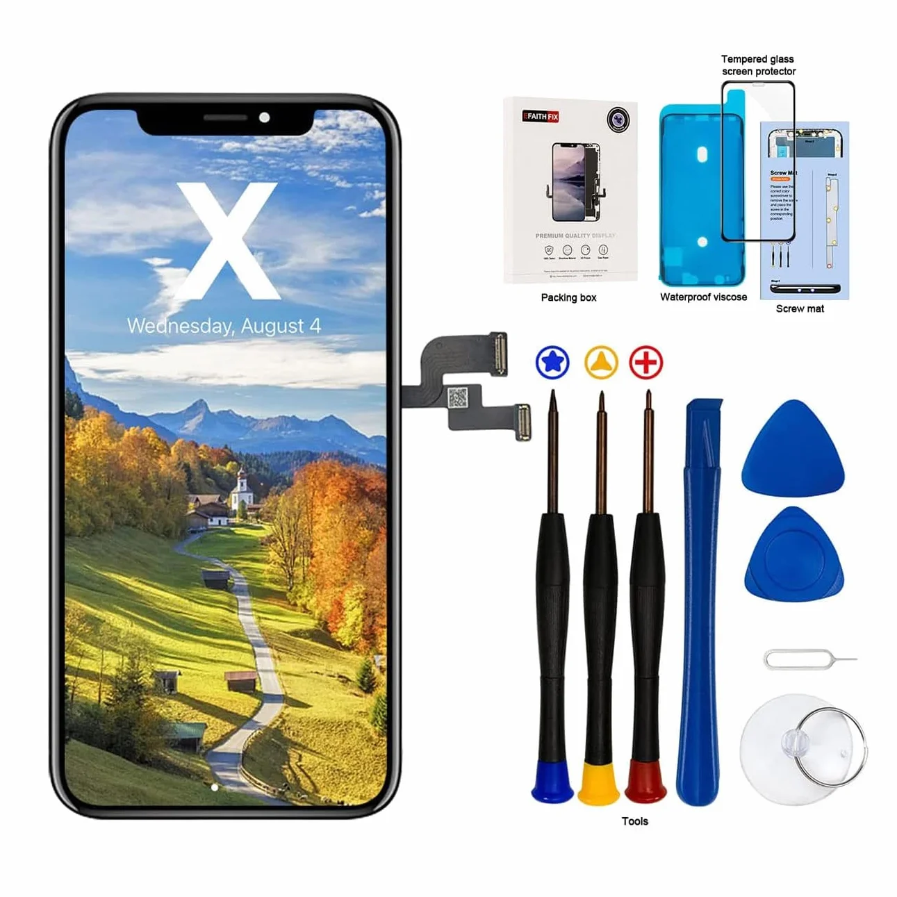 EFaith Ecran pour iPhone X LCD Écran de Rechange 5.8" Full HD Tactile Digitizer Assembly avec Kit De Réparation Complet + Protecteur D'écran + Adhésif Étanche avec Modèle: A1865, A1901, A1902 (LCD.)