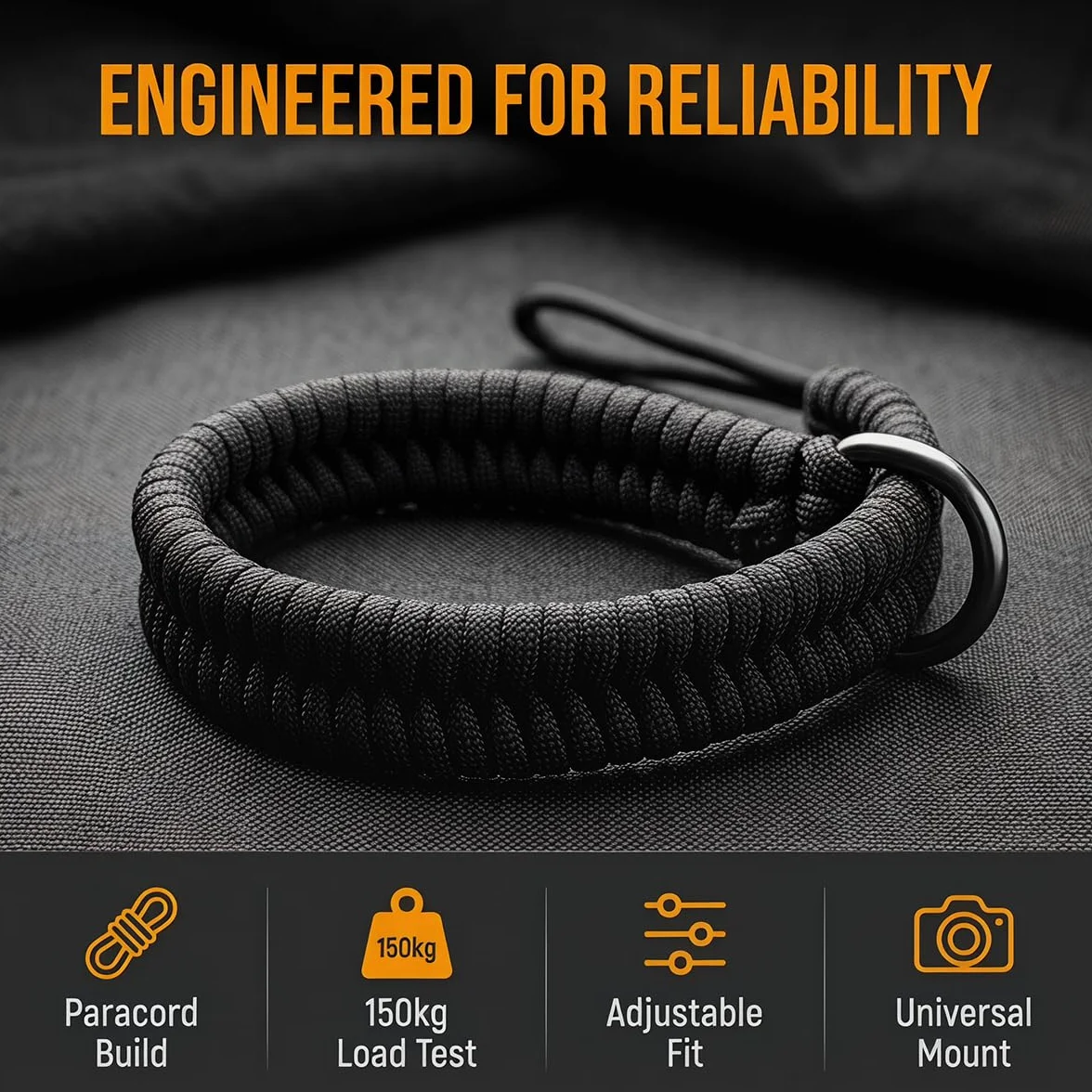Dragonne Appareil Photo en Paracord 550, Noir Sangle de Poignet pour Appareil Photo, avec Anneaux en D, Compatible avec DSLR, Action Cam et Compact, Accessoire Sécurisé pour Photographie en Plein Air