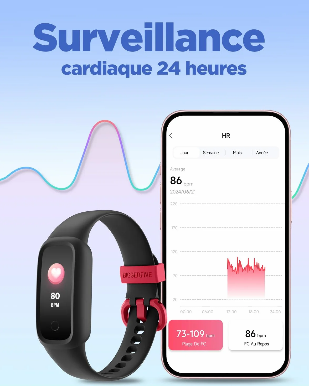 BIGGERFIVE Vigor 2 L Montre de Fitness Enfants 5-15 Ans IP68 Tracker d'Activité Podomètre Moniteur Cardiaque Noir