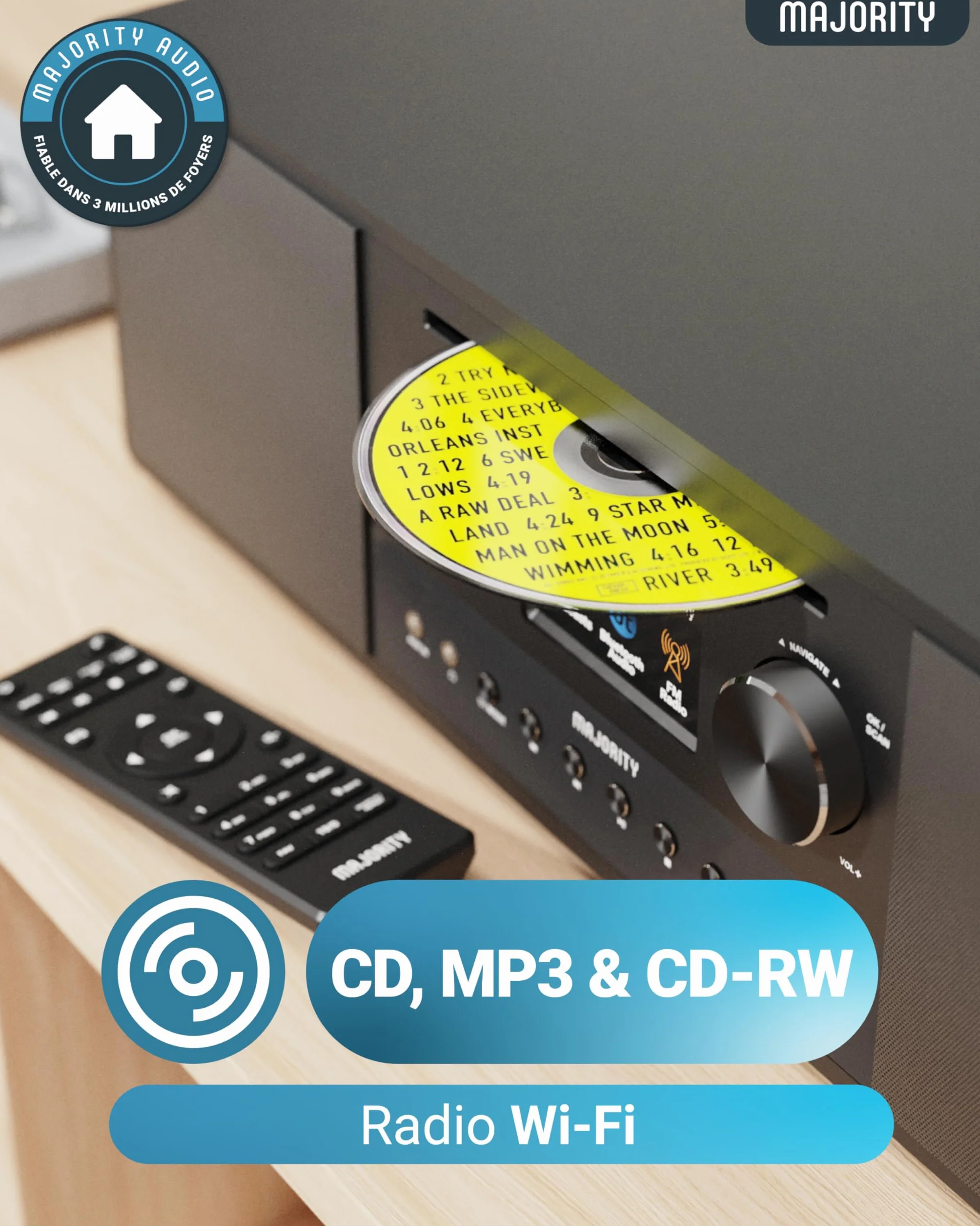 Radio Internet, Lecteur CD, Radio FM Dab+ et Caisson de Basses Puissant | Système Stéréo 2.1 120W | Bluetooth Activé | Spotify Connect et Podcasts | MAJORITY Quadriga
