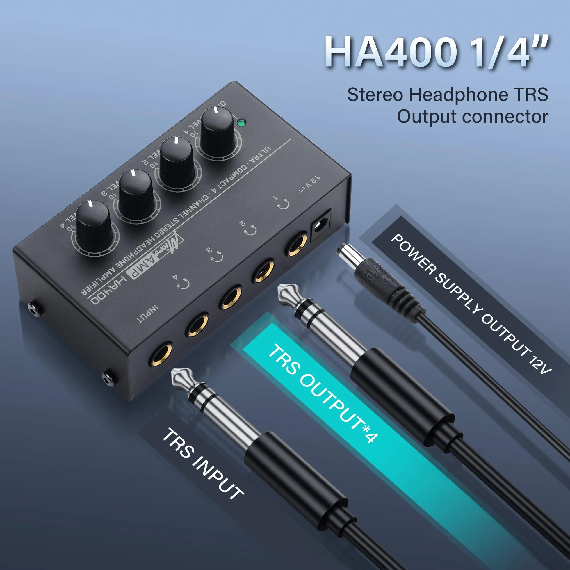 SinLoon HA400 4 canaux amplificateur de Casque stéréo, métal Mini Splitter Audio avec contrôle de Volume indépendant, 1/4 "Sortie et entrée TRS, avec Adaptateur 12V pour Studio, scène, PC, Guitare
