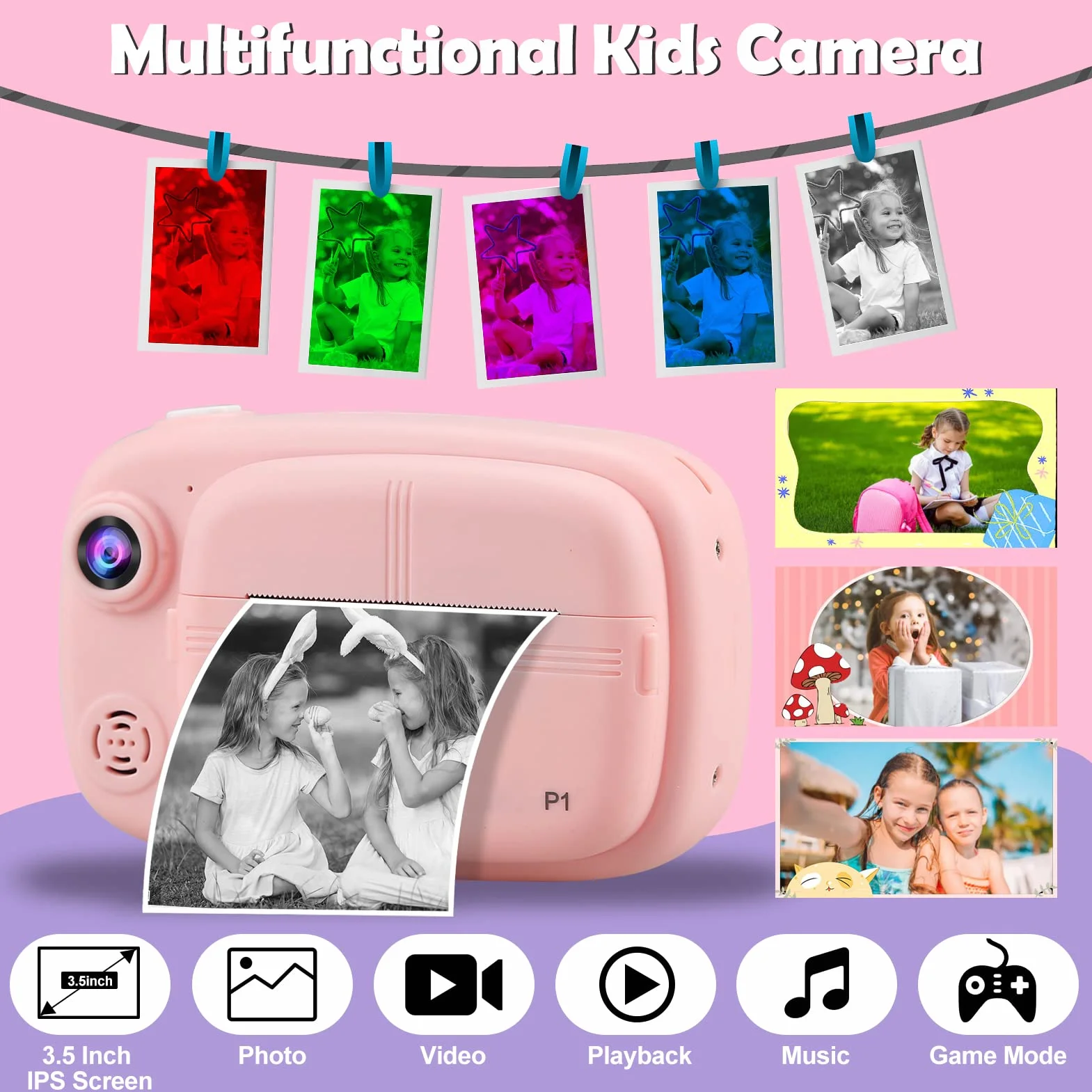 Appareil Photo Instantané Enfant, 3,5" Appareil Photo Enfants Cadeaux pour 3 à 14 Ans, Papier d'impression sans Encre et 32GB Carte, 12MP 1080P Enregistreur Photos Vidéo 3 en 1 Jouet (Rose)