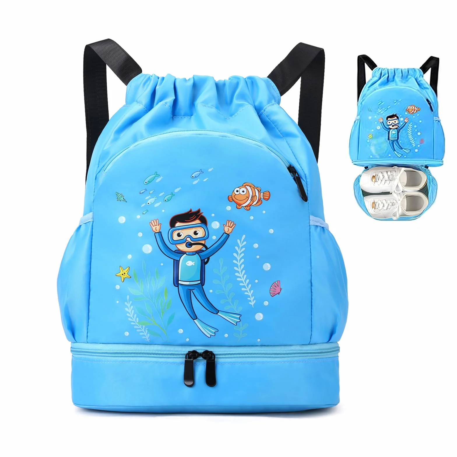 Sac Piscine Enfant Imperméable, Sac à Dos de Sport avec Compartiments Garçon Fille Plage Vacances Camping