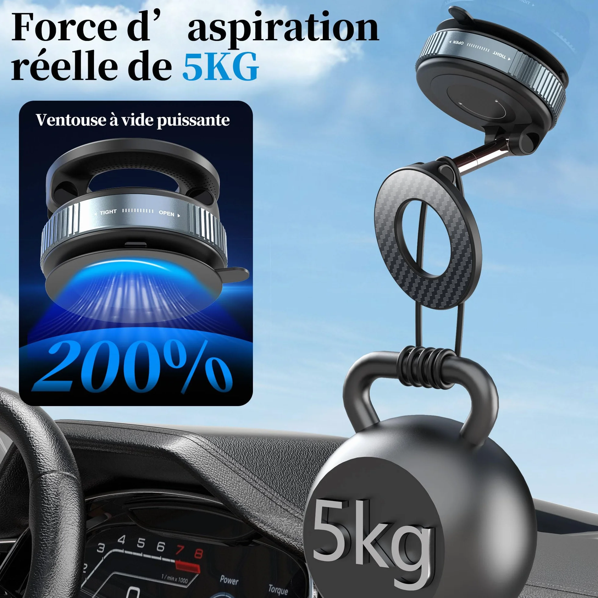 Support Téléphone Voiture Ventouse Puissante Magnétique Rotation 360° Fixation Ultra-Stable Compatible iPhone 17/16/15/14/13/12 Pro/Pro Max