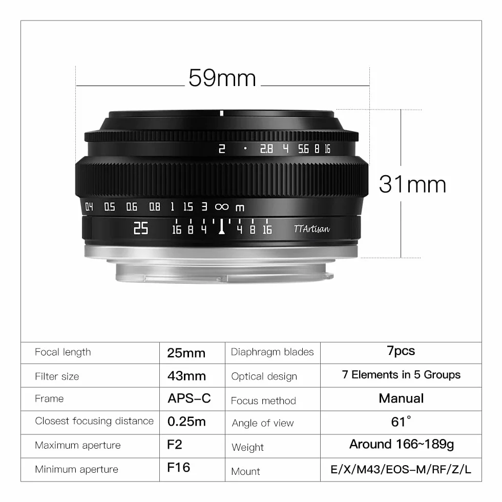 TTArtisan 25mm F2.0 APS-C Objectif Manuel pour Monture Fuji X