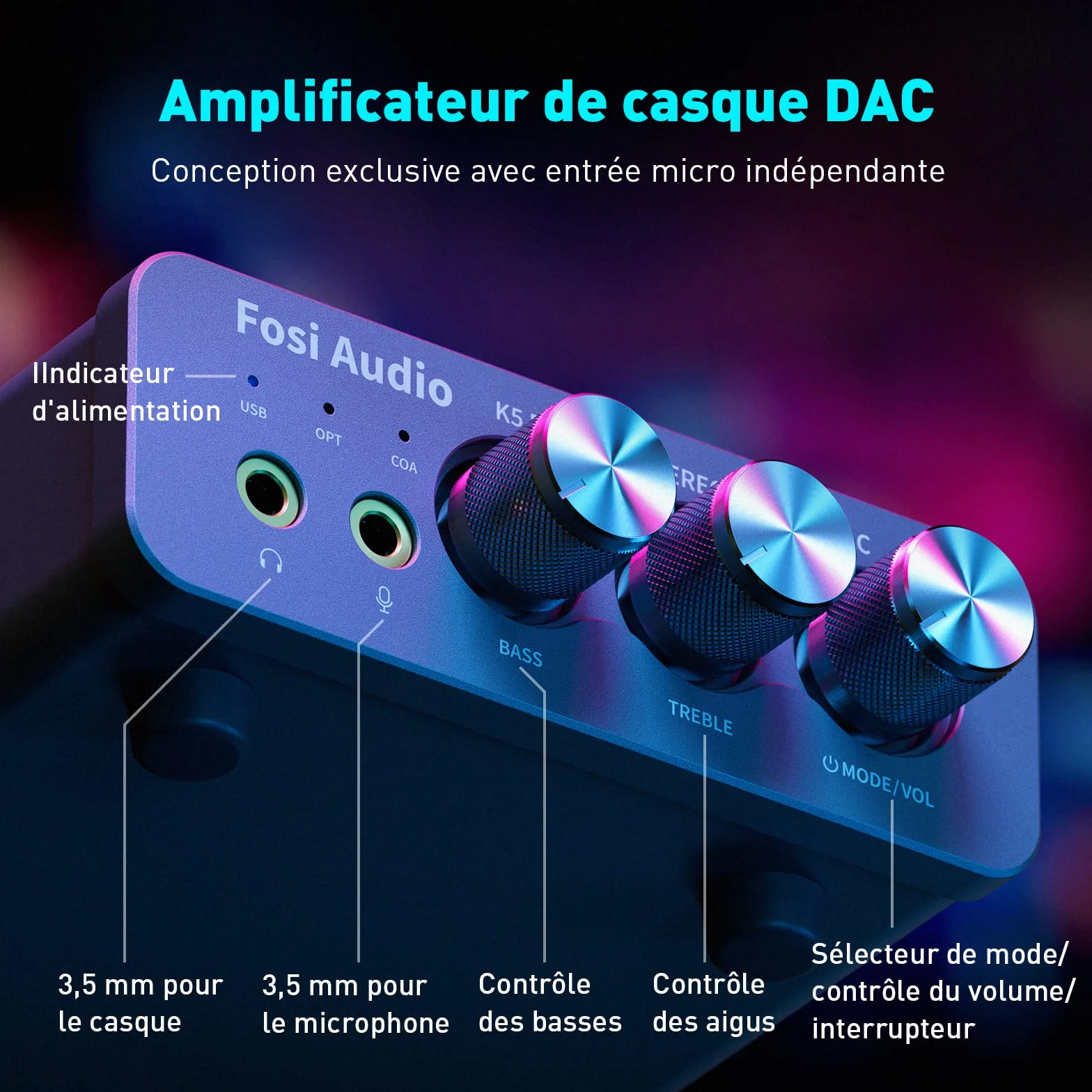 Fosi Audio K5 Pro Amplificateur Casque USB C DAC HiFi, Entrées USB/Optique/Coaxiale/Microphone vers Sortie AUX/RCA 3,5 mm, Ampli DAC de jeu Haute Résolution pour PS5/PC/MAC/Haut-Parleurs Actifs