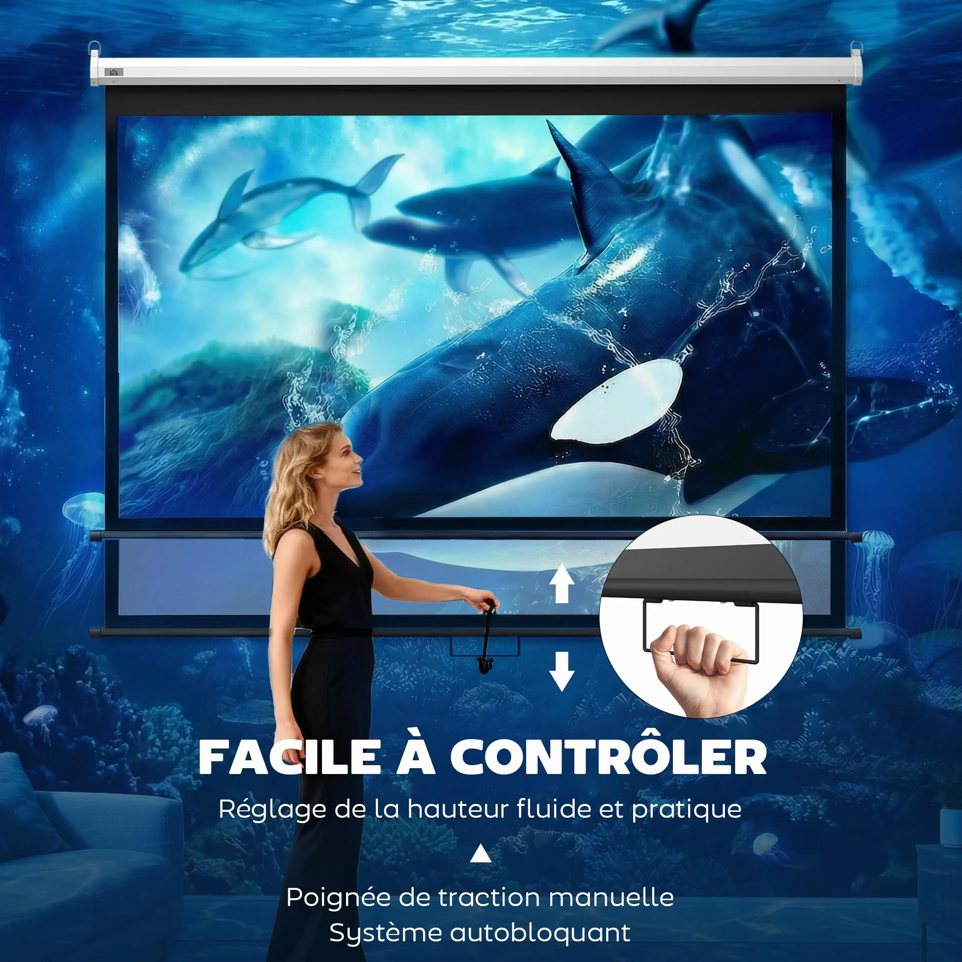 HOMCOM Écran de Projection 120" 4:3 HD 4K, Videoprojecteur avec Boîtier Métal, Réglable en Hauteur, Noir