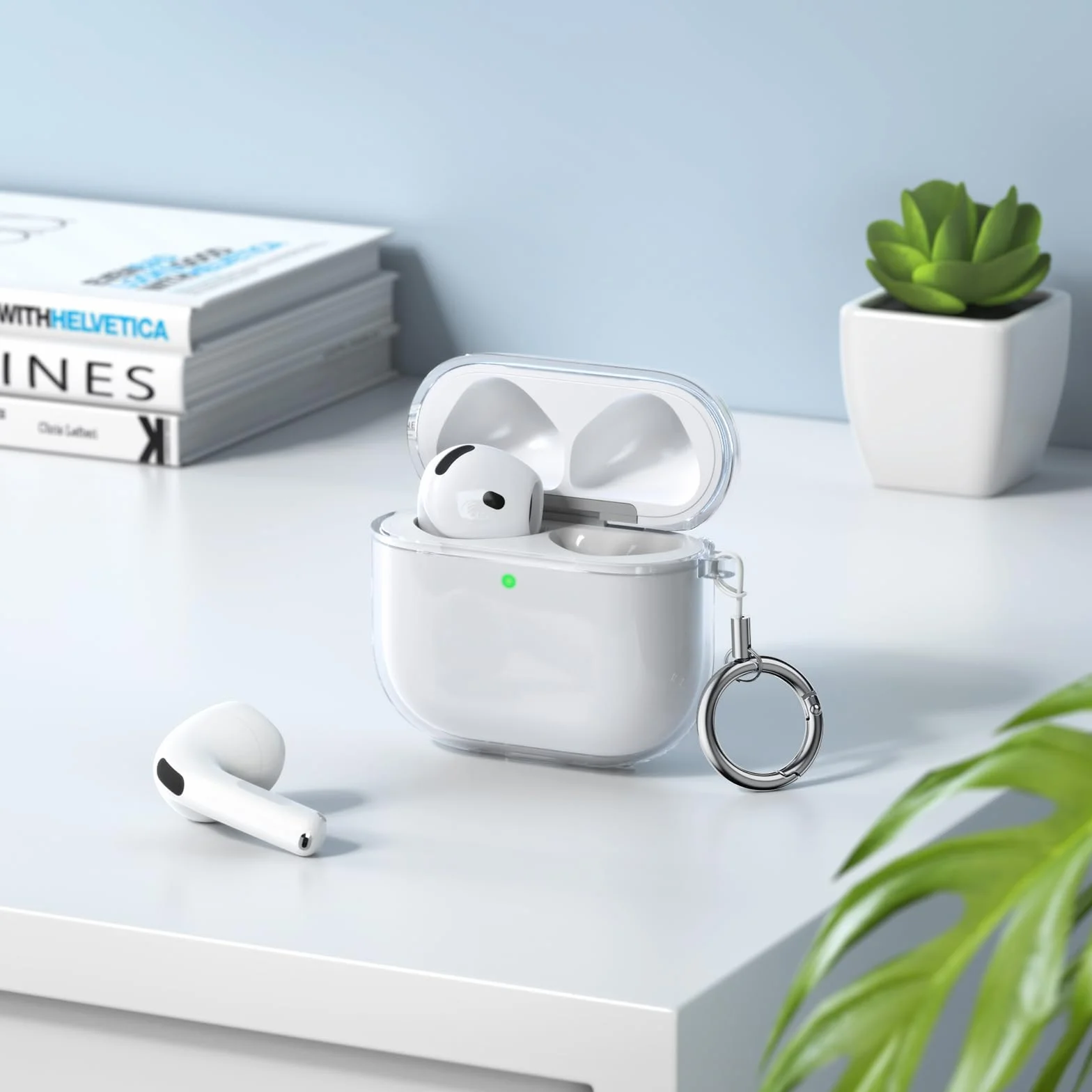 Coque Silicone AirPods 4 2024 Anti-Choc Transparent avec LED Visible, Kit Nettoyage, Porte-clés et Cordon