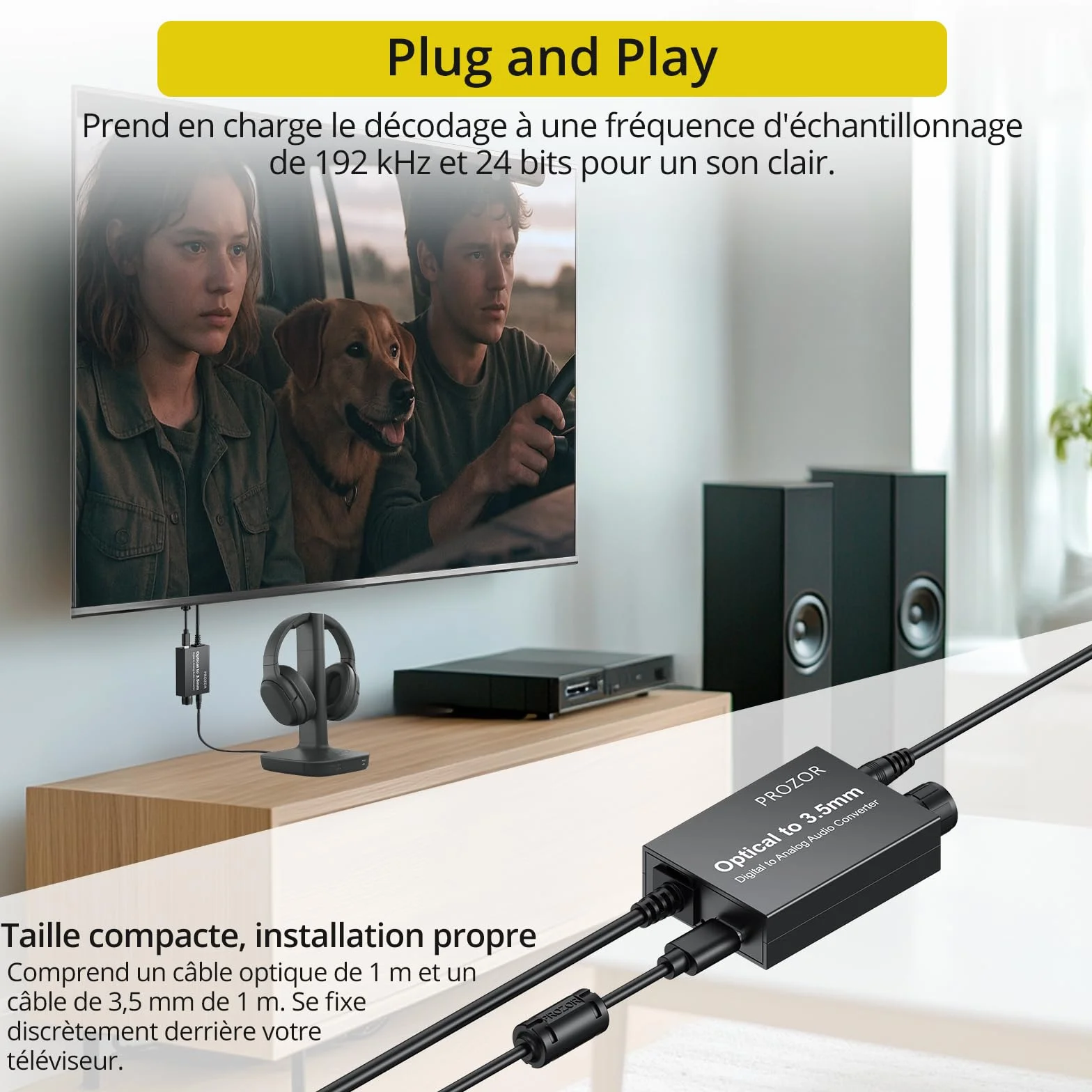 PROZOR Convertisseur SPDIF Optique vers 3.5mm avec Amplificateur Audio 192kHz/24bit Compact Plug and Play pour Casque TV et Enceintes