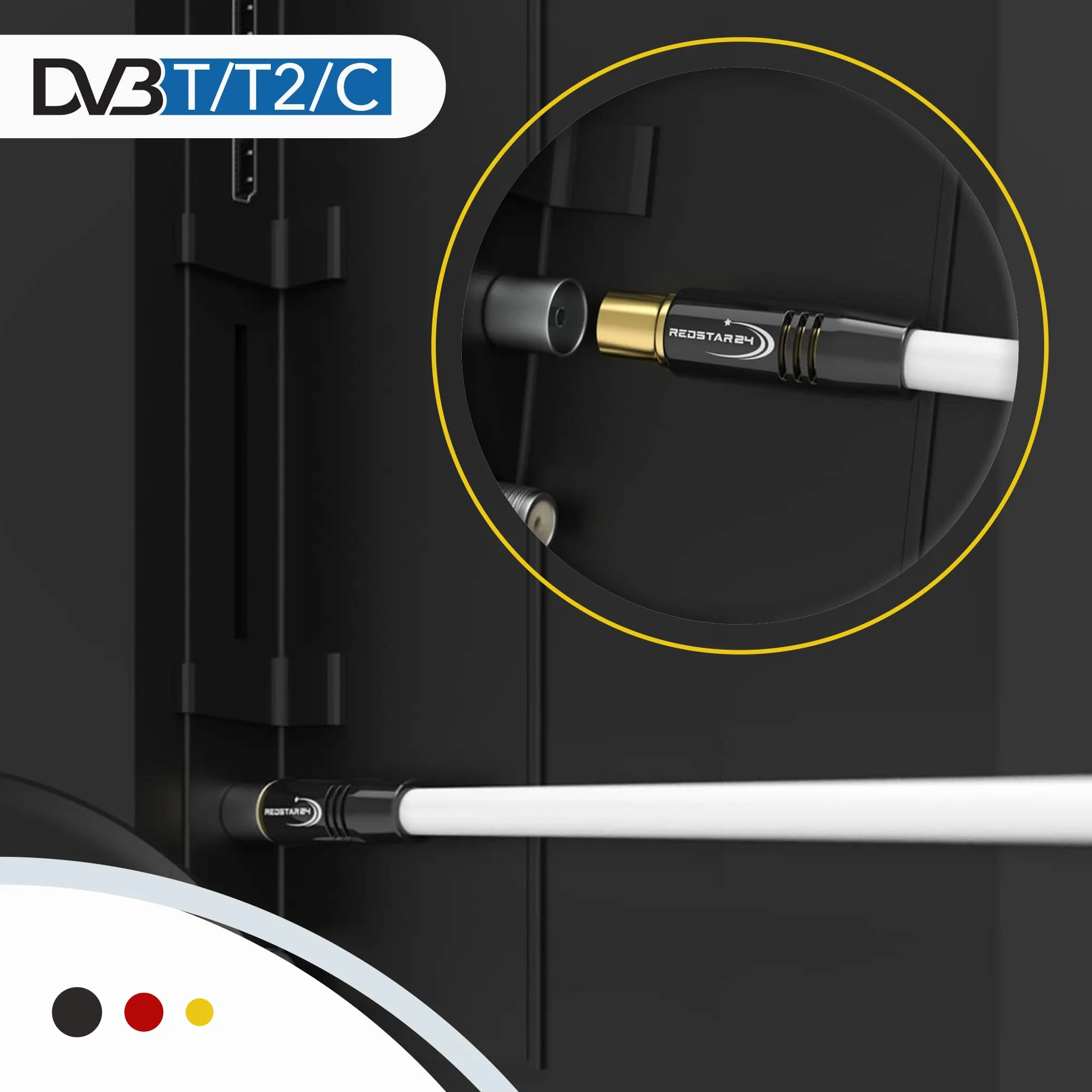 RedStar24 Câble d'Antenne 1,5m Noir - Mâle à Femelle 90° Coudé Coaxial - HDTV Premium pour Télévision par Câble | Compatible avec TV, Radio, DVB-T/T2, DVB-C, DAB