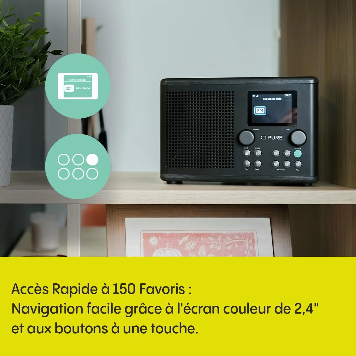 Pure Classic H4i – Radio Internet avec WiFi, Dab+, FM, Bluetooth 5.3 et USB – Haut-Parleur 10 W – Écran Couleur 2,4" – 150 Stations – Minuterie Sommeil et Cuisine – Entrée AUX – Noir