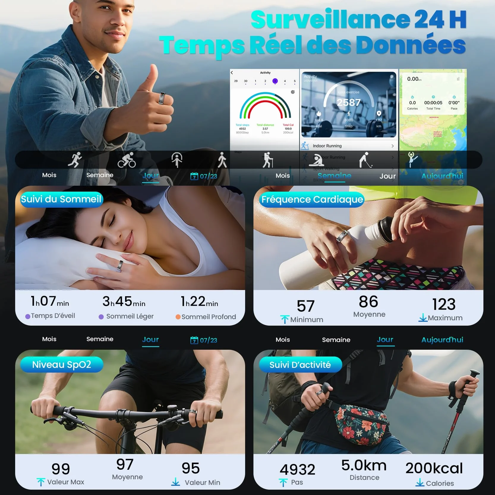 Smart Ring Homme Femme avec Écran LED, IP68, Trackers d'Activité Santé Fitness, Argenté 13