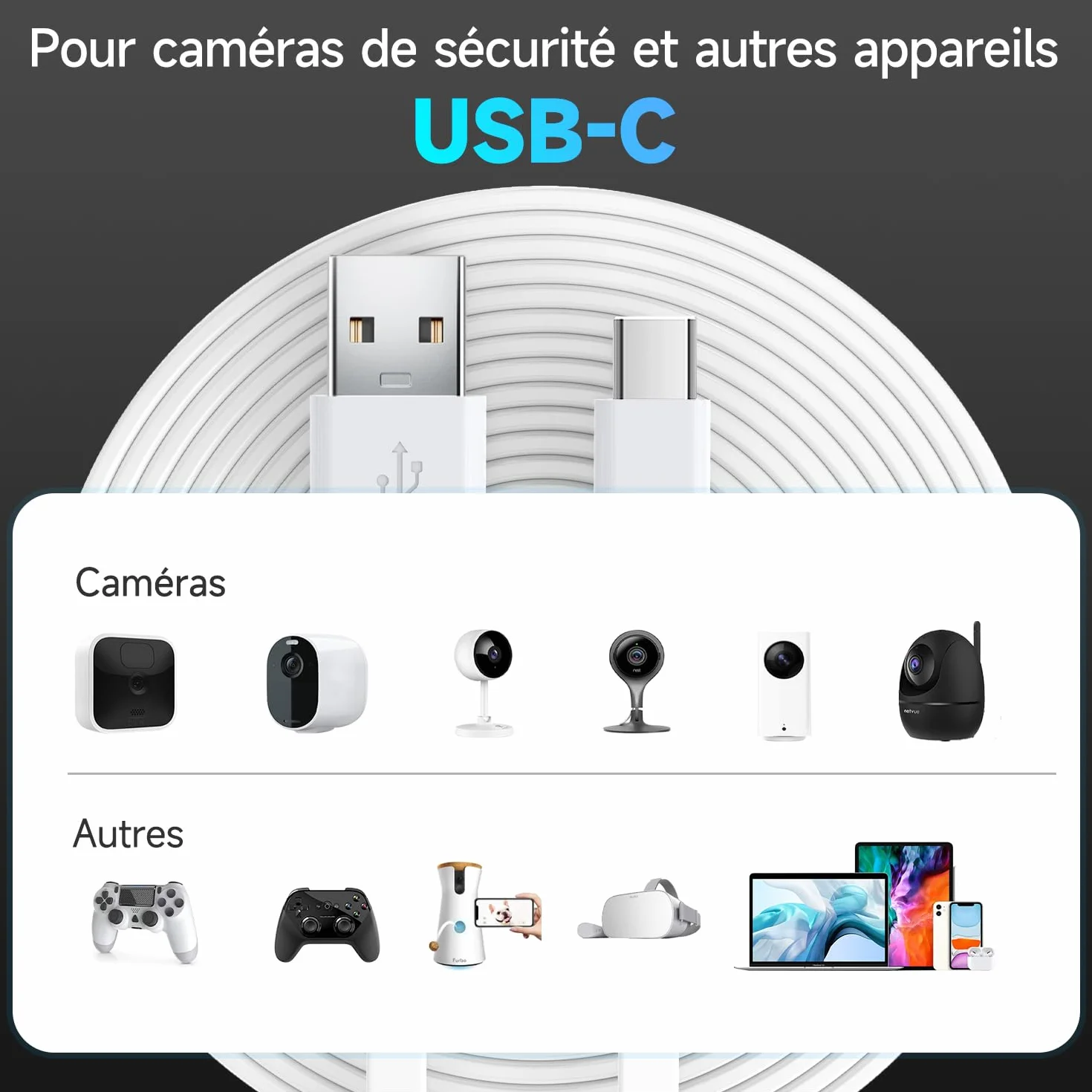 Câble d'extension d'alimentation plat de 5 m pour caméras de sécurité à domicile compatibles USB-C ou autres appareils (téléphone, manette Switch Pro, etc.), rallonge USB A vers type C pour