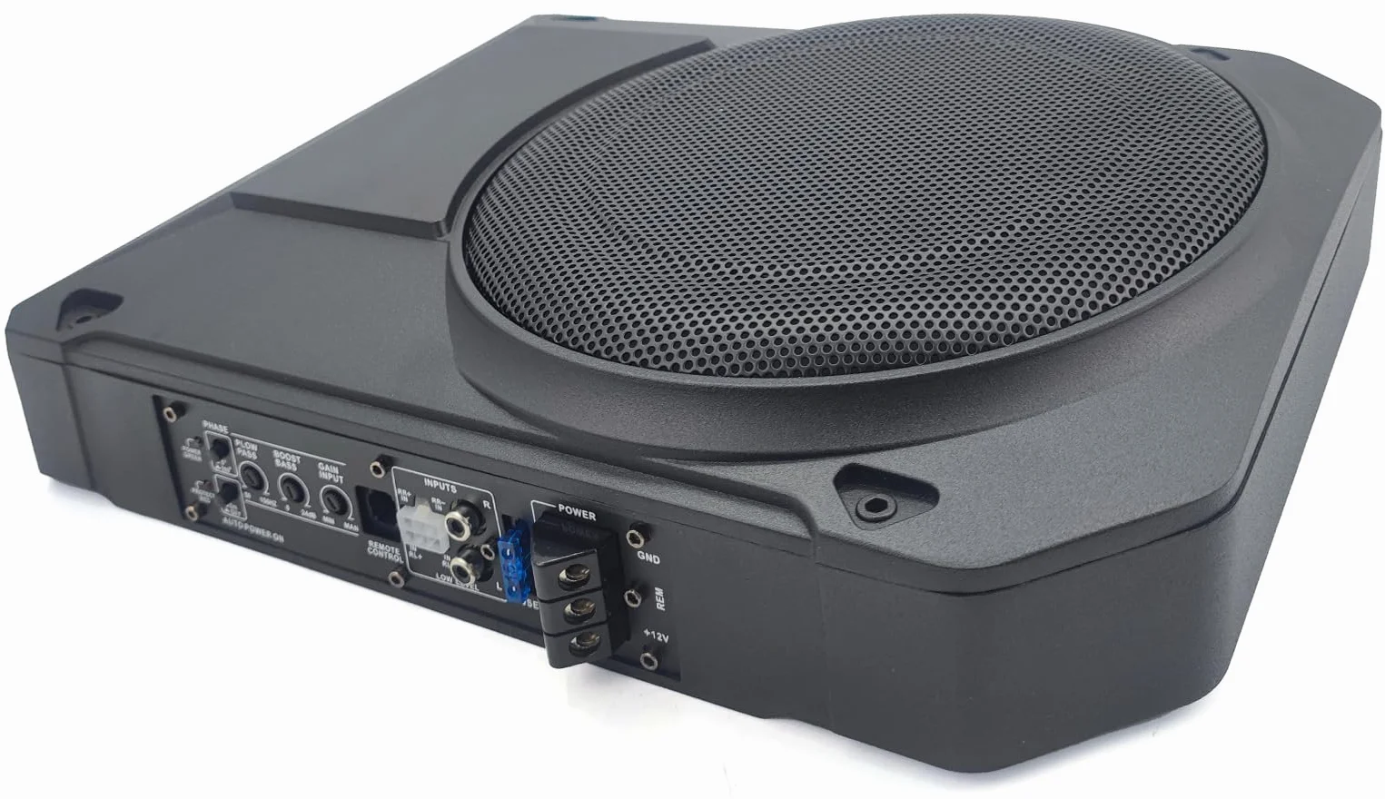 Caisson de Basses Actif amplifié 10 Pouces (800 W) — Caisson Clos Haute Performance avec télécommande, pour Voitures, camions et Camping-Cars — Plage de fréquences : 20 Hz – 150 Hz