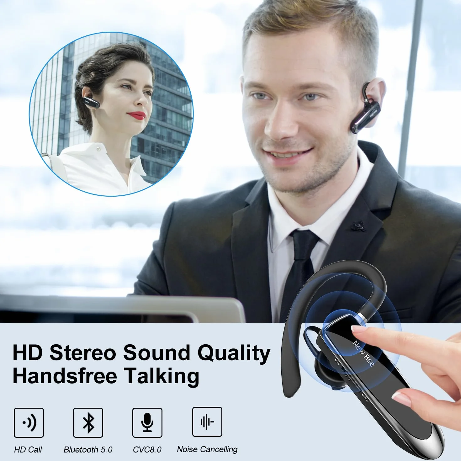 New Bee Main Libre Bluetooth Oreillette, Casque sans Fil Bluetooth avec Microphone 60 Jours en Veille Casque Mains Libres avec Microphone Casque pour iPhone Samsung, HTC, LG, Sony, PC (Noir)