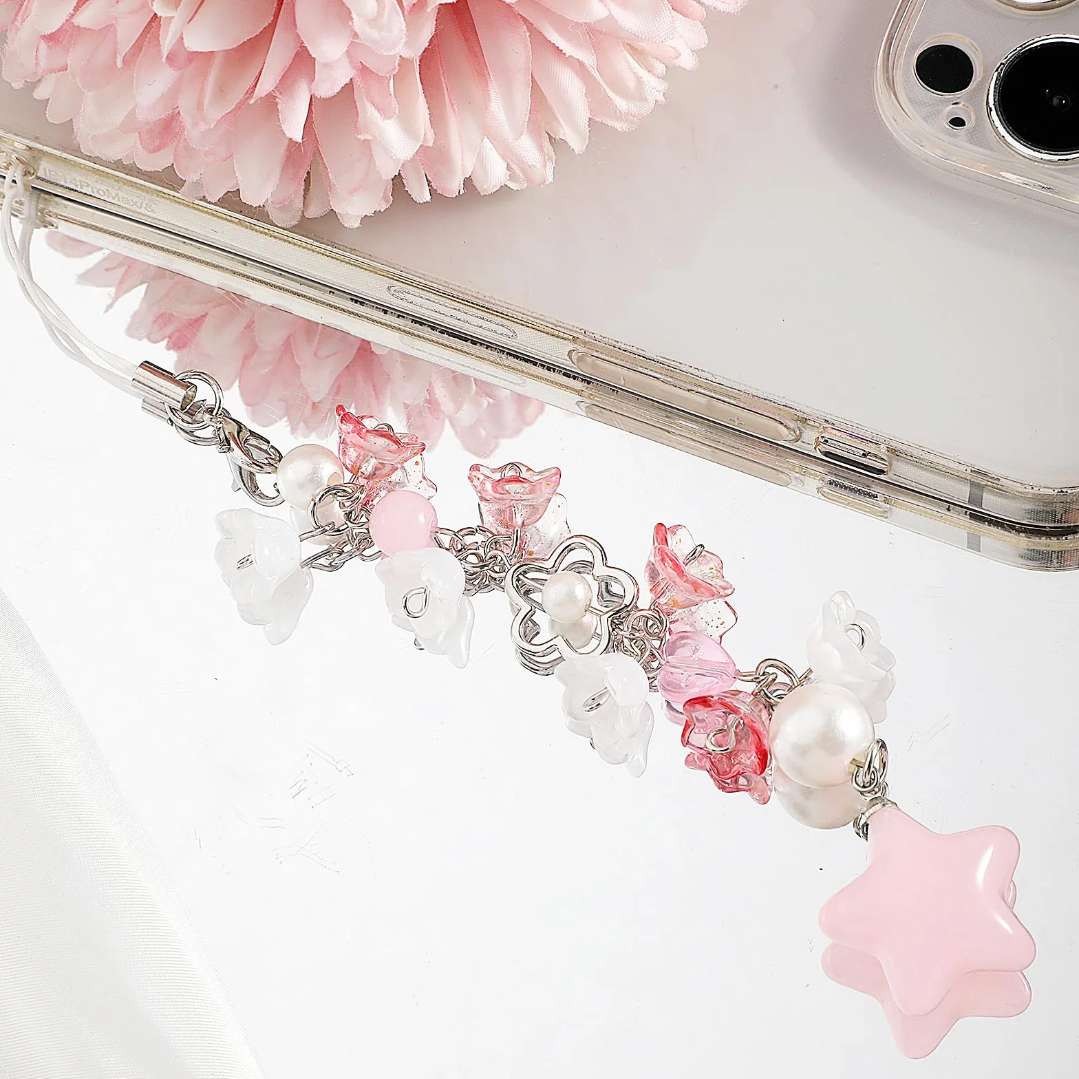 Mabor Pendentif téléphone portable rose fleurs étoiles Y2K dragonne porte-clés