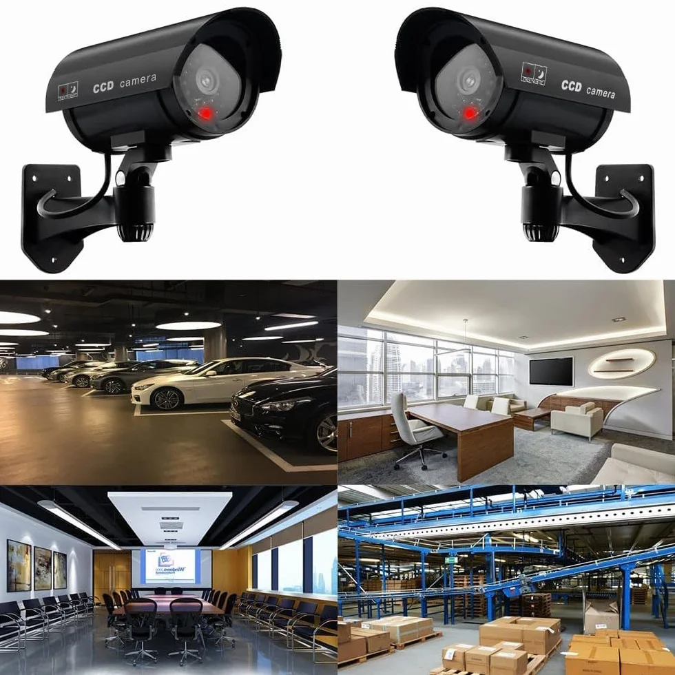 ERWEY Lot de 4 Caméras Factices pour Extérieur & Intérieur, Fausse Caméra de Surveillance CCTV avec LED Clignotante (4Pcs Noir)
