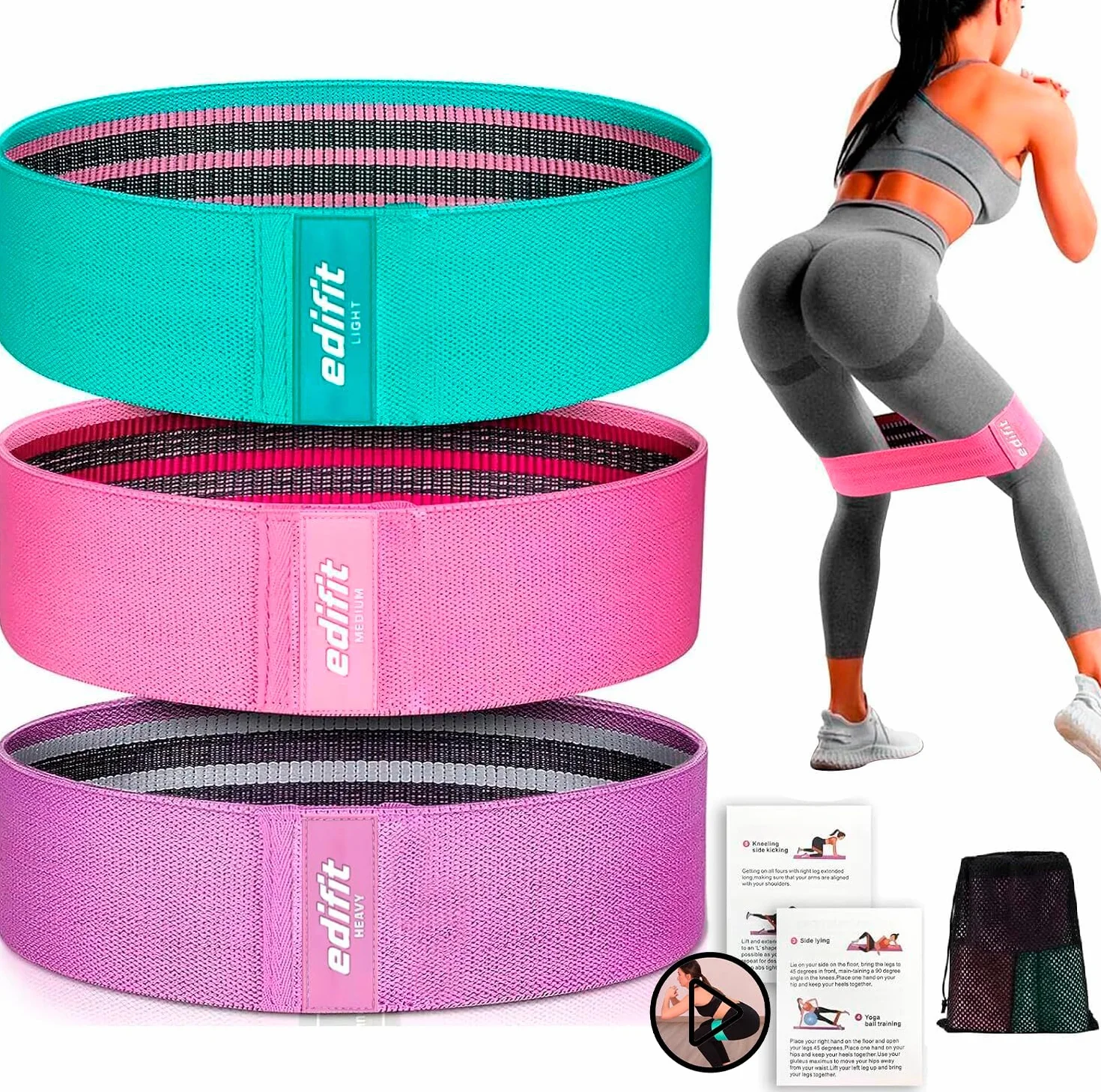 Edifit Bandes Élastiques Musculation Anti-dérapantes Pack de 3 Résistance Fitness Gym Yoga