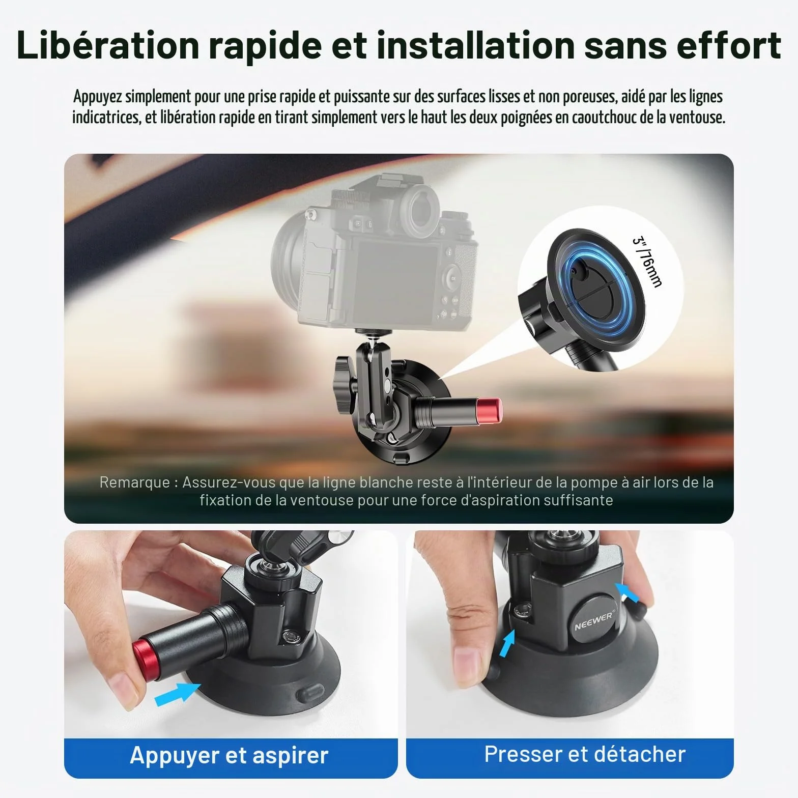 NEEWER Support Caméra Ventouse 3",Compatible avec Arri 1/4" Trous, Support de Voiture Quick Release+ de Téléphone, Adaptateur Action Cam Compatible avec iPhone GoPro DJI Insta360, CA104