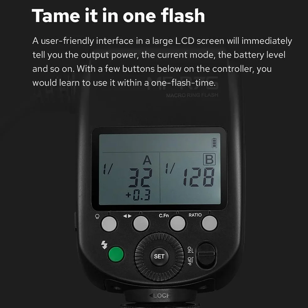 Godox MF-R76 LED Micro Ring Flash avec Batterie Li-ION 2600 mAh et Anneaux Adaptateurs d'affichage LCD pour Canon Sony Nikon Fuji Olympus Panasonic Pentax Flash Speedlight Speedlite Light