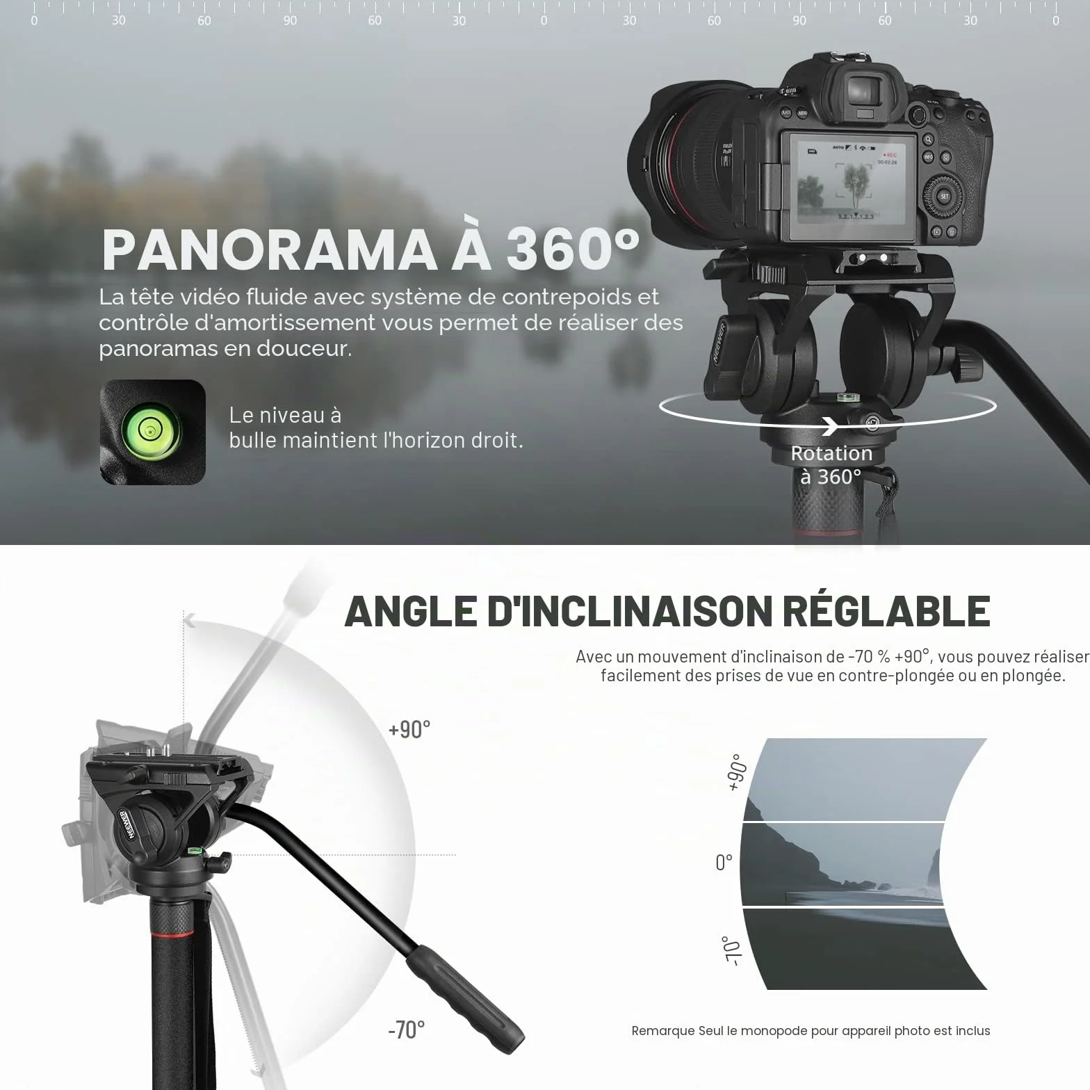 NEEWER GM76 Monopode professionnel pour appareil photo avec pieds, télescopique, portable, en aluminium, tête fluide, inclinable, pied amovible, pour appareil photo reflex numérique, charge maximale 6
