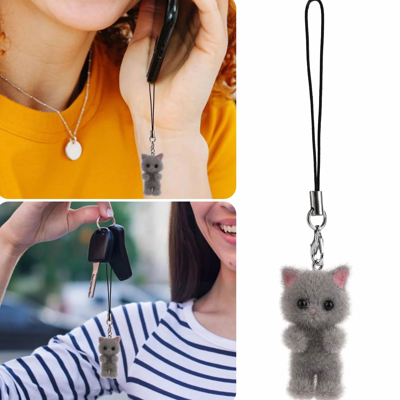 Pendentif de Téléphone Portable Chat, Mignon Charme de Téléphone Chat Y2K Gris Moelleux Charmes de Téléphone Esthétiques pour Porte-Clés Sac à Dos Sac à Main Appareil Photo Décoration