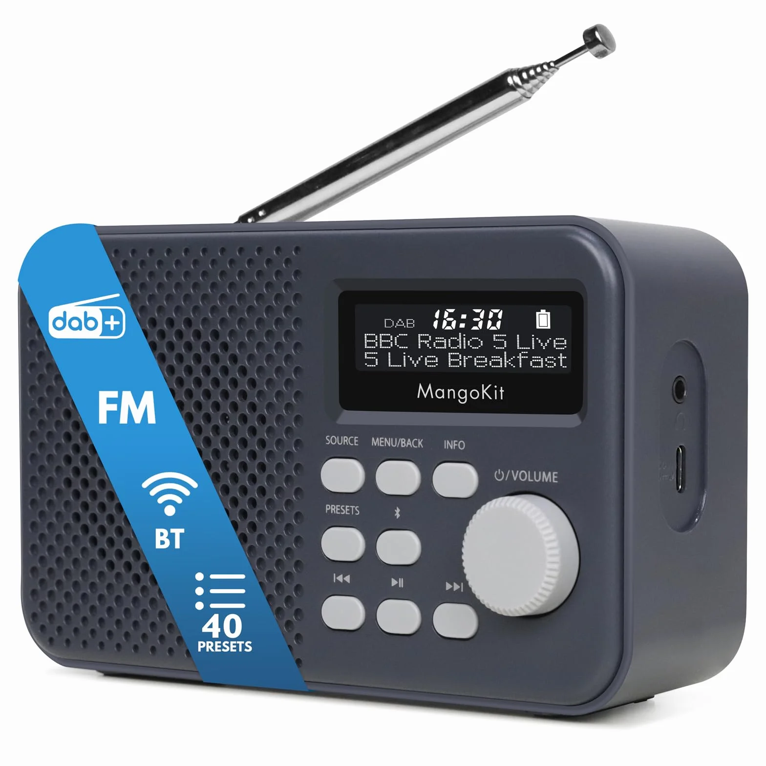 MD2-Plus Radio Dab/Dab+/FM Portable - Diffusion Bluetooth, 40 présélections, Grand écran LCD, Alimentation Secteur ou Piles, Prise Casque, Radio compacte pour Chevet ou Cuisine