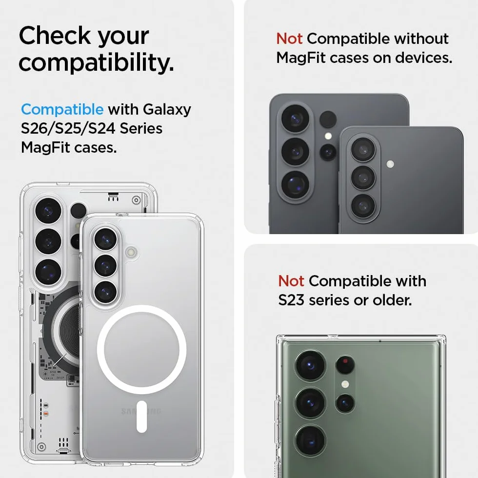 Spigen Ultra Hybrid MagFit+ Porte-Cartes magnétique 3 Cartes Anneau métallique Compatible Samsung Galaxy S26 S25 Edge Z Fold 7 Transparent