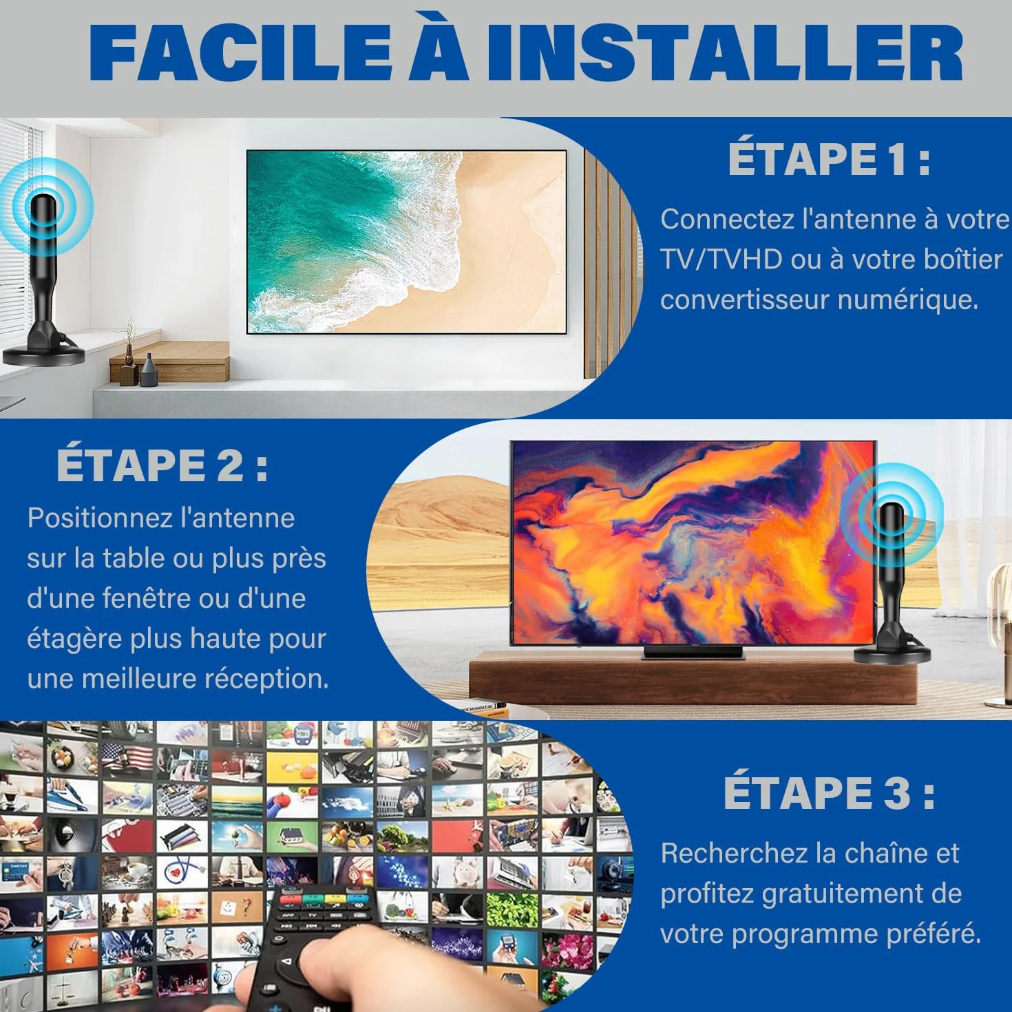 Antenne TV Intérieur Puissante, Nouveau pour 2026 Antenne TNT HD avec Amplificateur de Signal Intelligent, Réception 360° Longue Portée 500km, Support 4K HD/1080P Les Chaînes Gratuites per HDTV