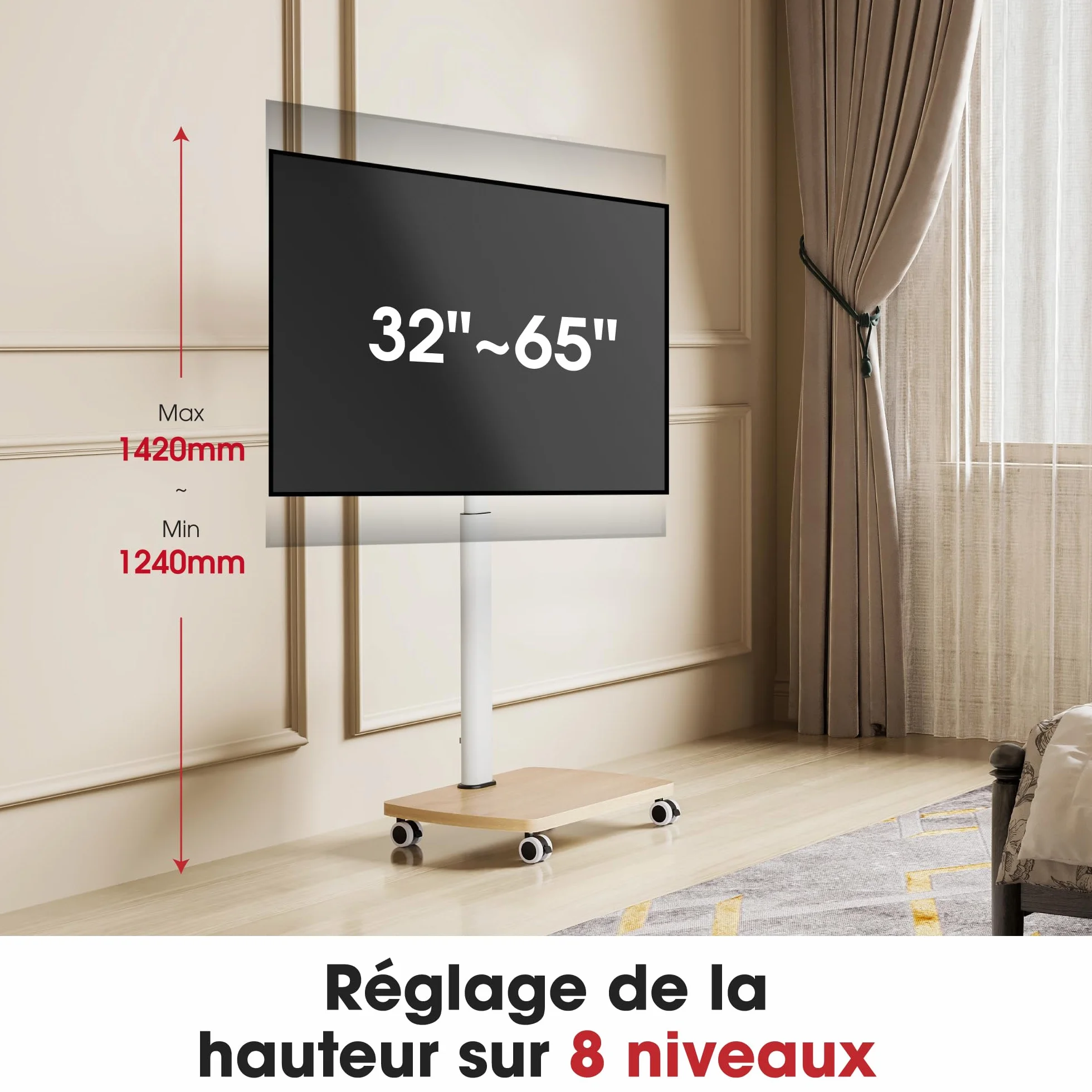 AOKCOS Support TV roulettes pour TV de 32-65 Pouces - Support TV sur Pied Plus Haut 1240 MM-1420 MM Pivotant 60° Inclinaison 12° jusqu'à 40 KG Max. VESA 400x400mm