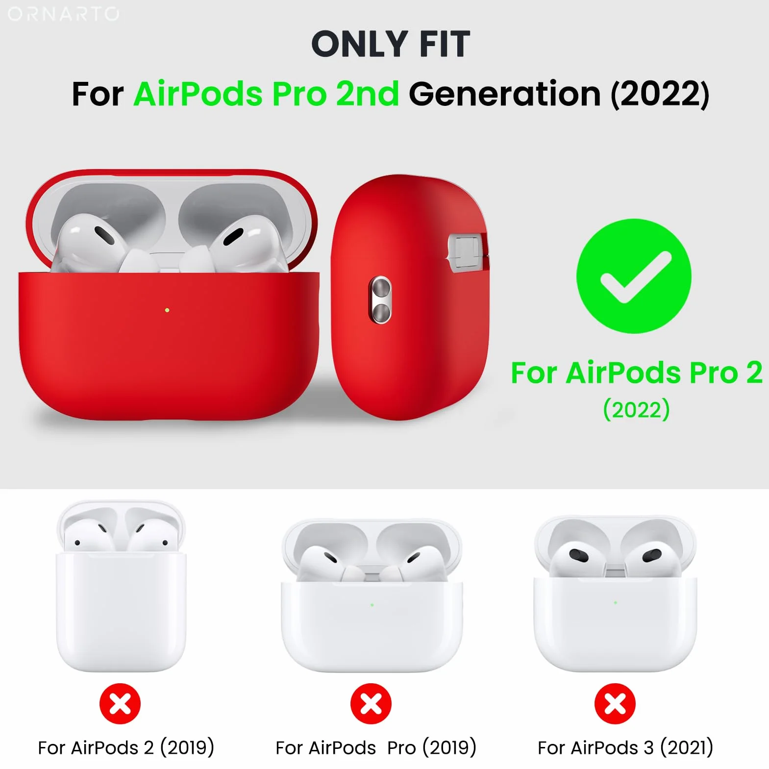 ORNARTO Coque pour AirPods Pro 2 (2022) en Silicone, Protection Antichoc - Rouge