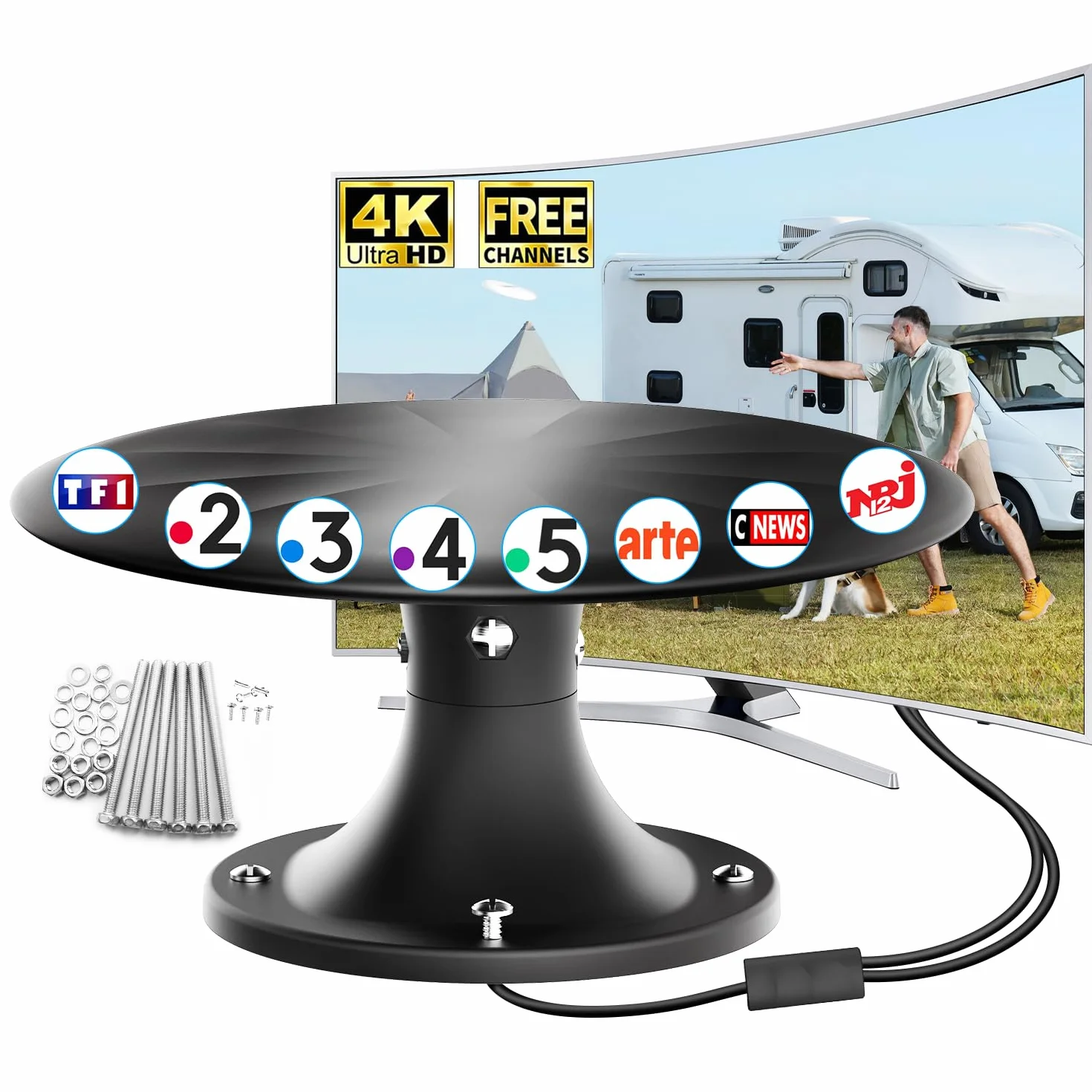 Antenne TV Camping-Car Amplifiée – Réception Longue Portée 360°, TNT HD 4K DVB-T/T2, Antenne TV Extérieure pour Camping-Car et Caravane, Résistante aux Intempéries
