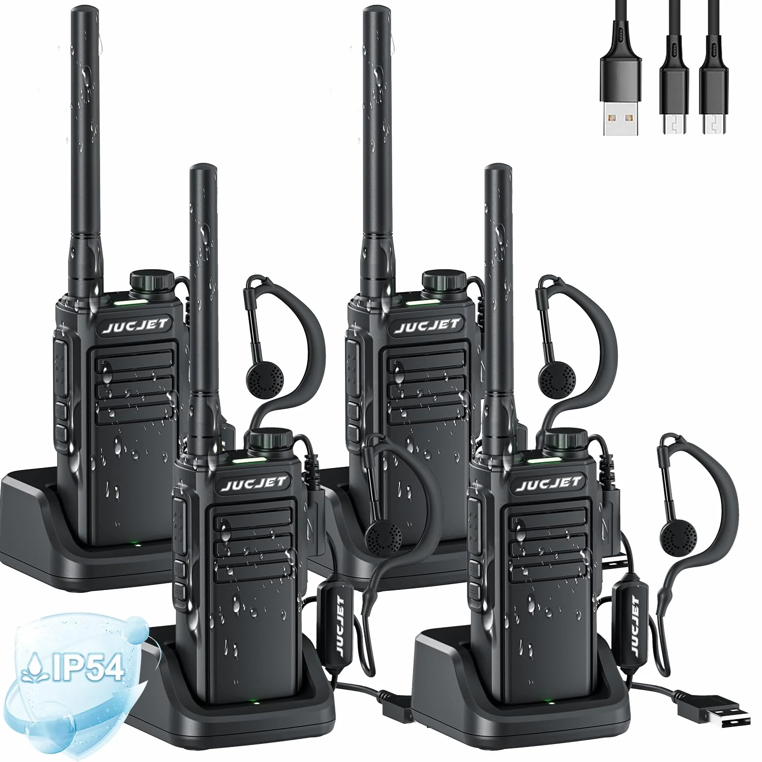 EP31 Talkie Walkie, PMR446 Radio Portable Rechargeable, 16 Canaux, Alarme Clignotante, IP54 Résistant à l'eauTalkie walkie. avec des écouteurs Originaux et Station de Charge USB (4 pièces)