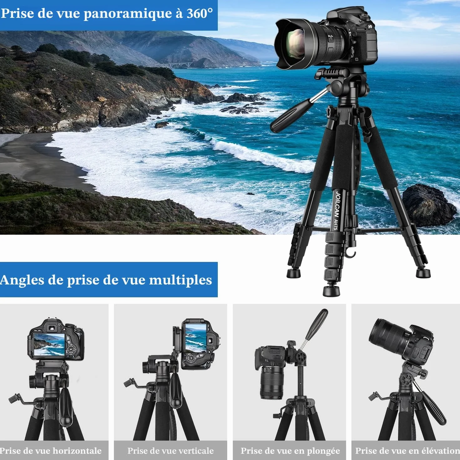 Trépied Appareil Photo pour Smartphone 187cm, JOILCAN Trépied Caméra avec Tête Pan Amovible à 3 Voies, Aluminium Portable Trepied pour Nikon Canon Sony DSLR, Téléphone Support pour iPhone (Noir)