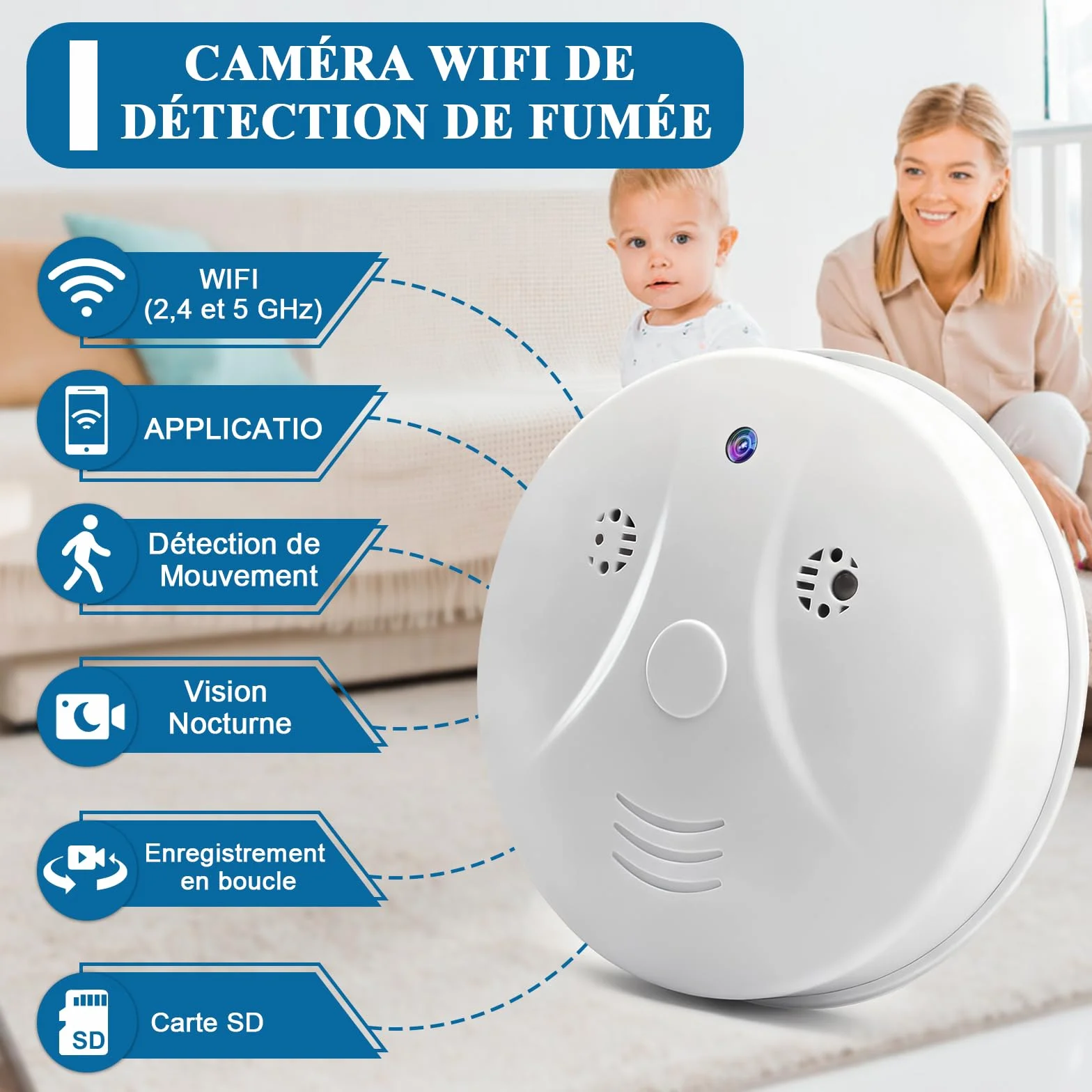 Caméra Cachée WiFi 2,4 et 5G, Caméra Espion WiFi Détecteur de Fumée, Mini Camera Espion Cachée HD 1080P avec Vision Nocturne et Détection de Mouvement pour la Sécurité Domestique
