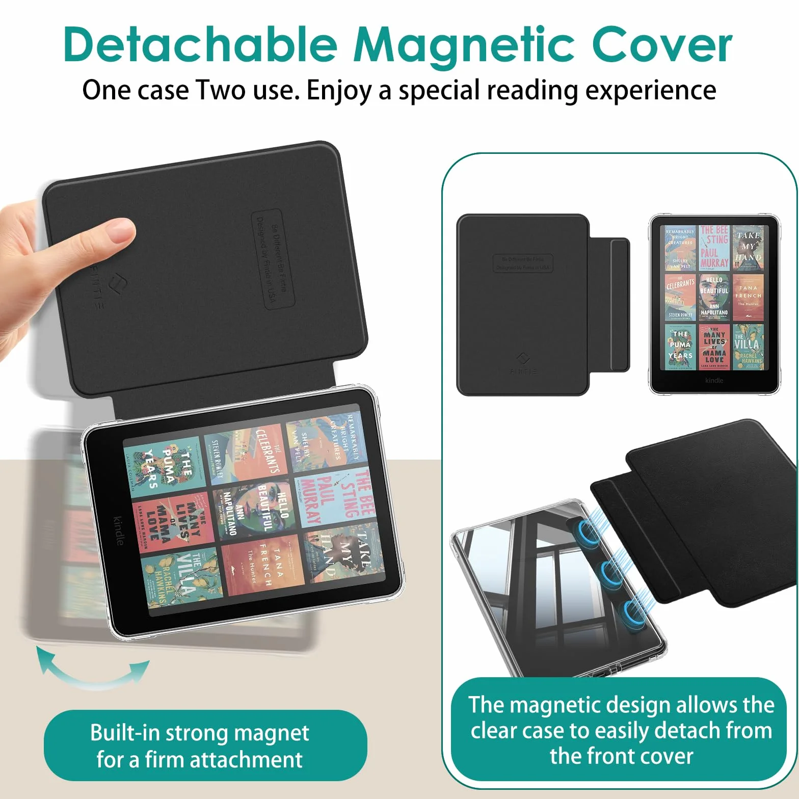FINTIE Coque Magnétique Détachable pour 7" Kindle Paperwhite (12e Génération, 2024) et Kindle Colorsoft (1re Génération, 2025/2024), Étui Transparent Antichoc avec Bord TPU, Noir