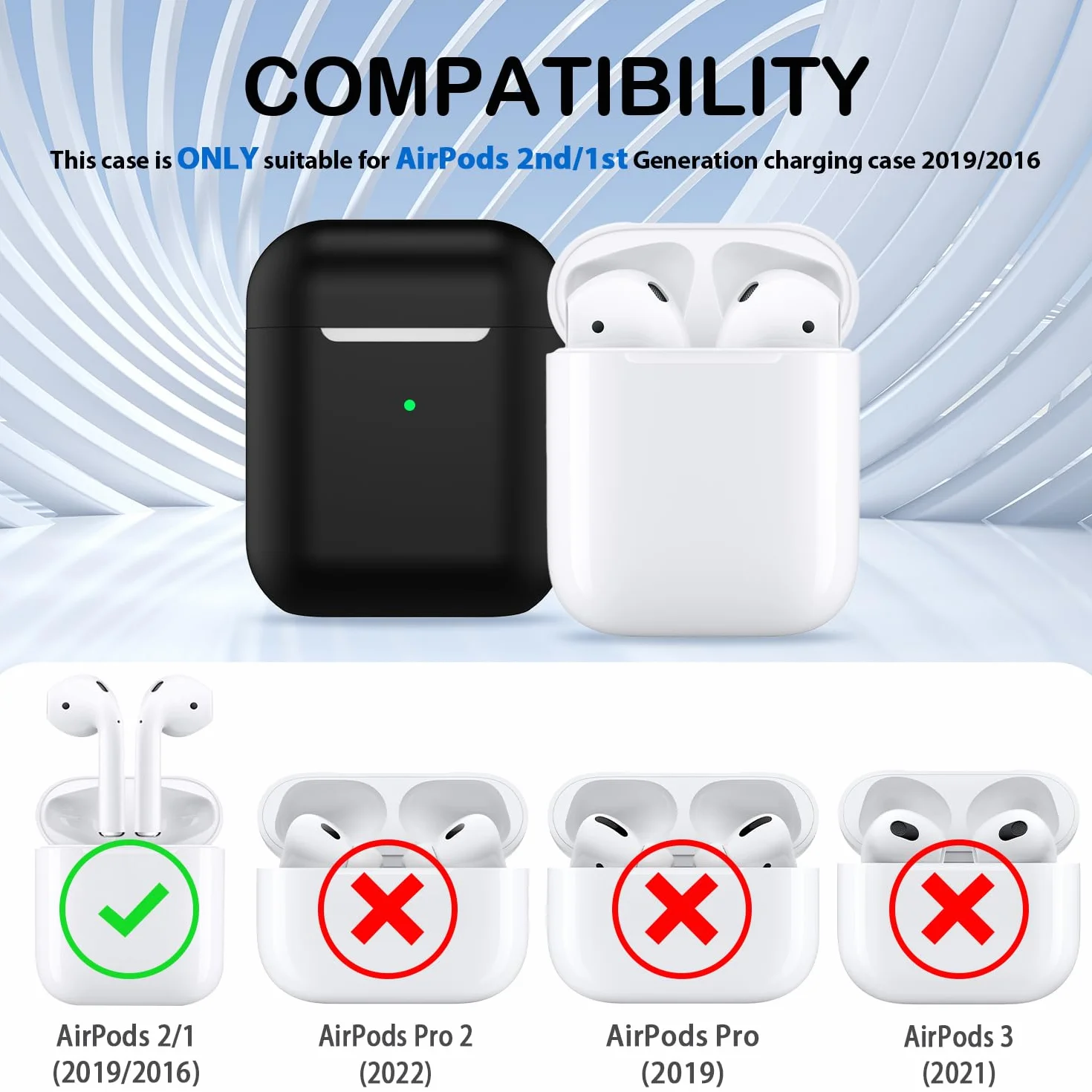 Coque de Protection Silicone Souple pour Airpods 1ère/2ème Génération (2016/2019) avec LED Visible - Noir