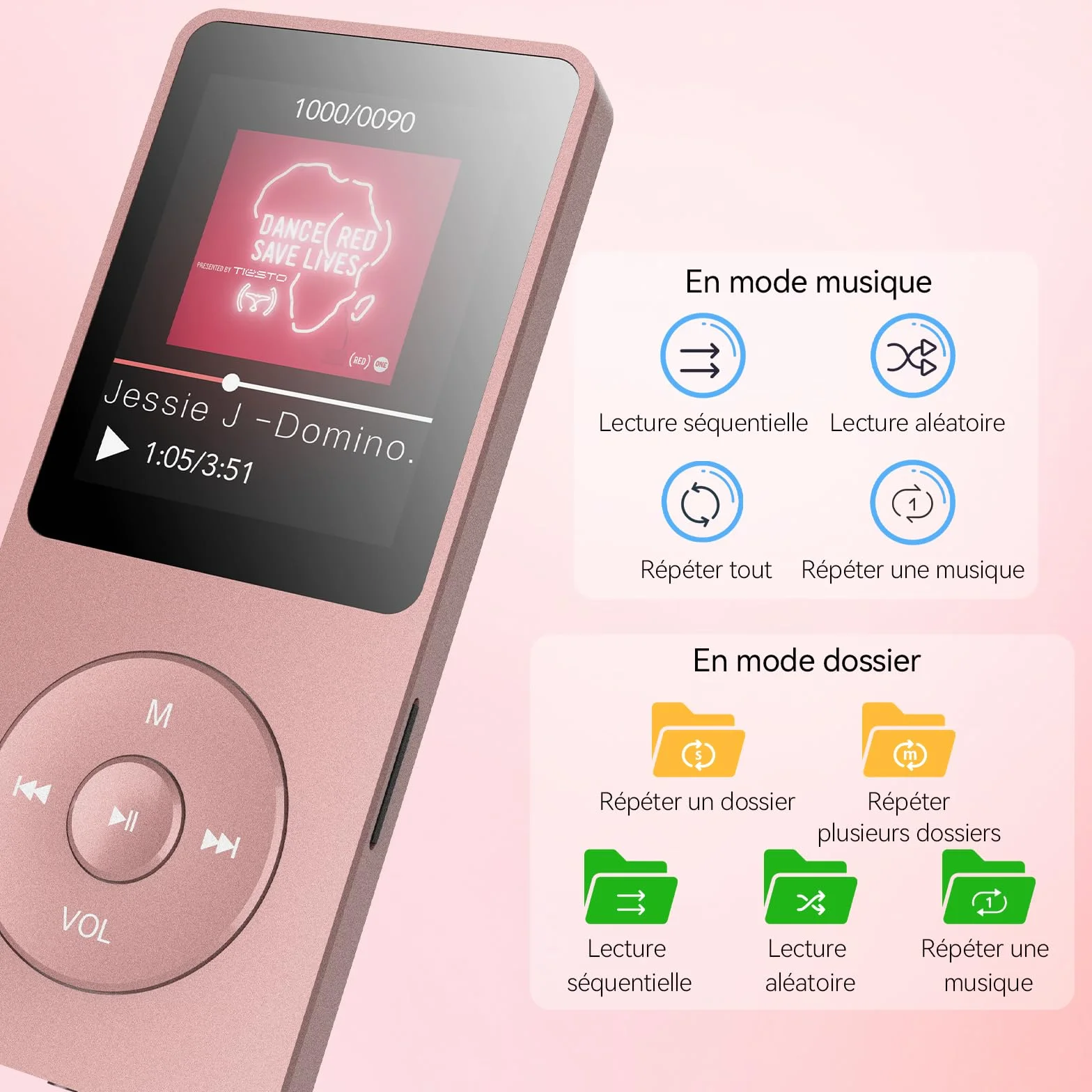AGPTEK Lecteur MP3 Classique 64Go, Autonomie 70 Heures, Léger 30g, Hi-Fi, Baladeur Sport Enfant Adulte, Carte TF 128G - Rose