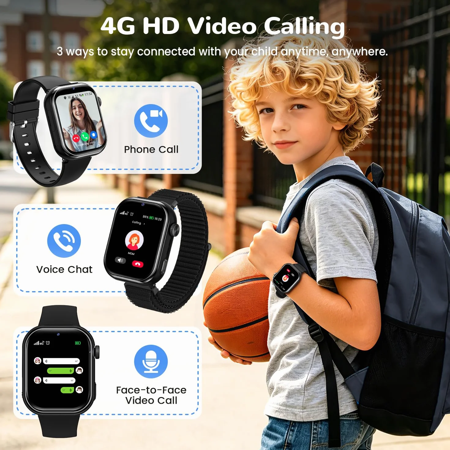 4G Montre Connectée Enfant, Montre Telephone Enfant avec GPS, Appel Vidéo, Chat Vocal, Double Caméra, SOS, Mode École, Podomètre, Réveil, Appareil Photo, IP68, Smartwatch pour Garçons Filles, Noir