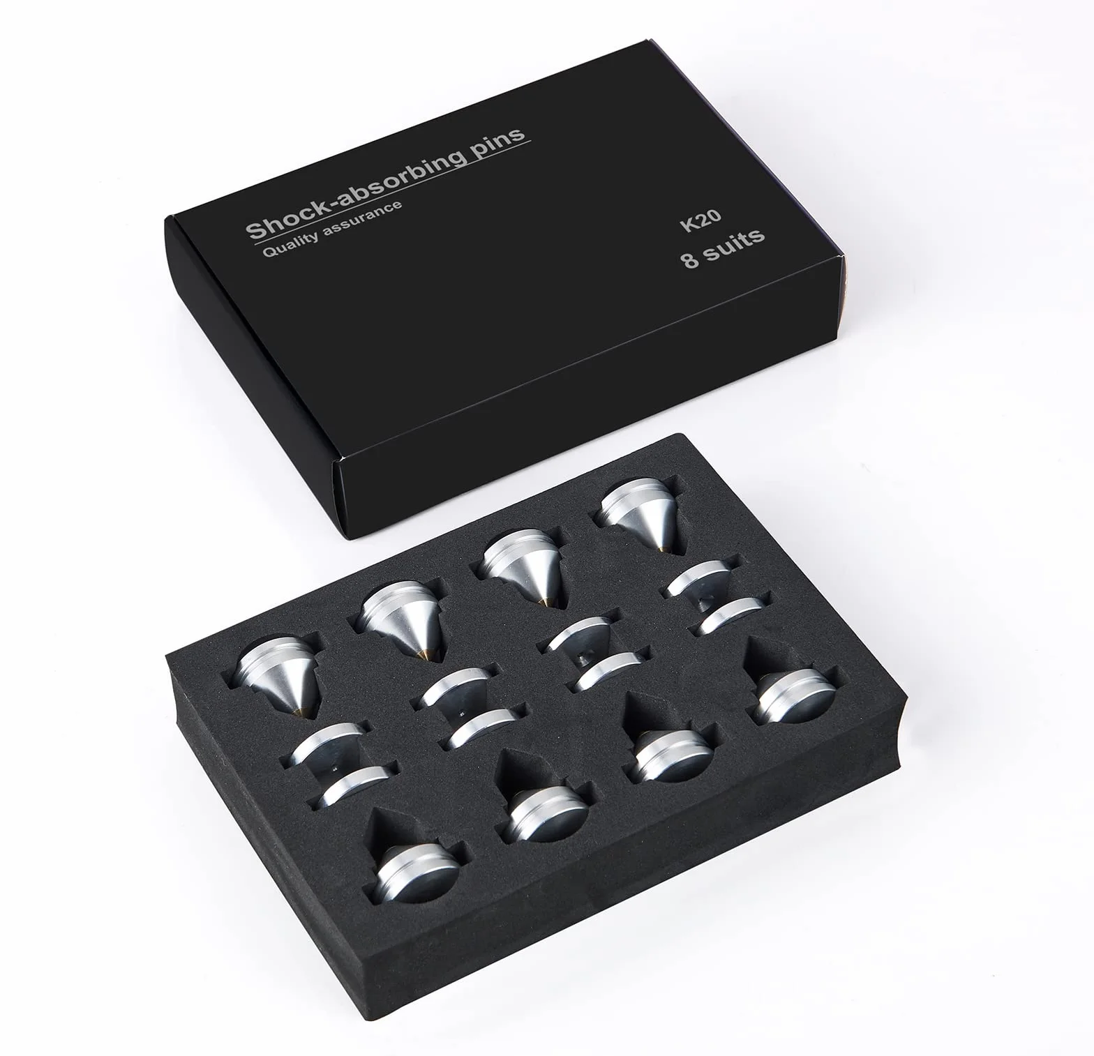 Haut-Parleur Pointes de Découplage, 8 Pièces Pieds Enceintes HiFi avec Base Pad Tapis, 16 Pièces Tampons adhésifs, Support pour Lecteur CD, DVD, Audio Isolation, Argent