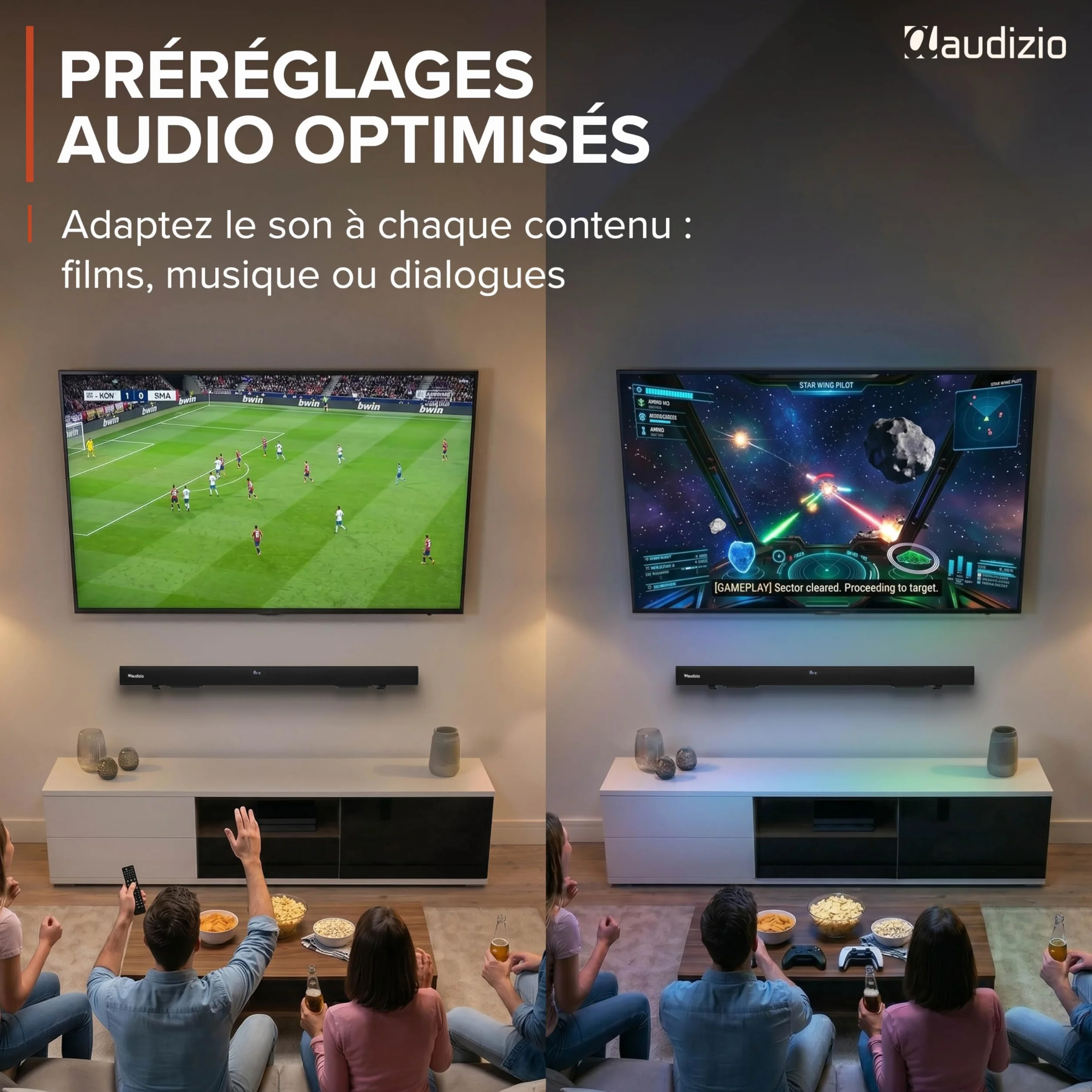 Audizio SB95 Soundbar TV Bluetooth 5.3 HDMI Arc 120W 88 cm Optique Coaxial USB AUX 2 Mini Subwoofers Intégrés