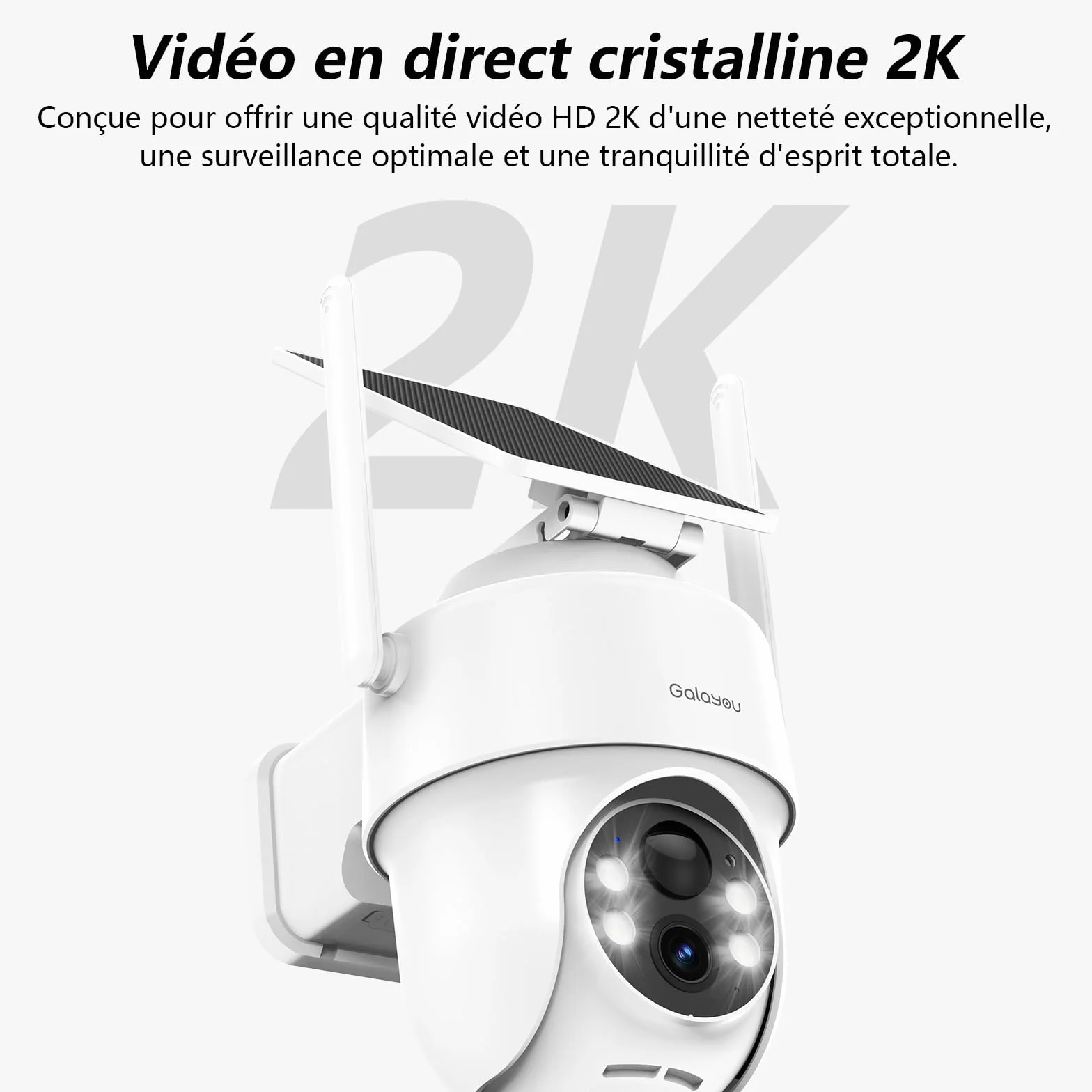 GALAYOU Camera Surveillance WiFi Exterieure sans Fil Batterie 2K Panneau Solaire 2,4GHz Alerte PIR Vision Nocturne Audio Bidirectionnel